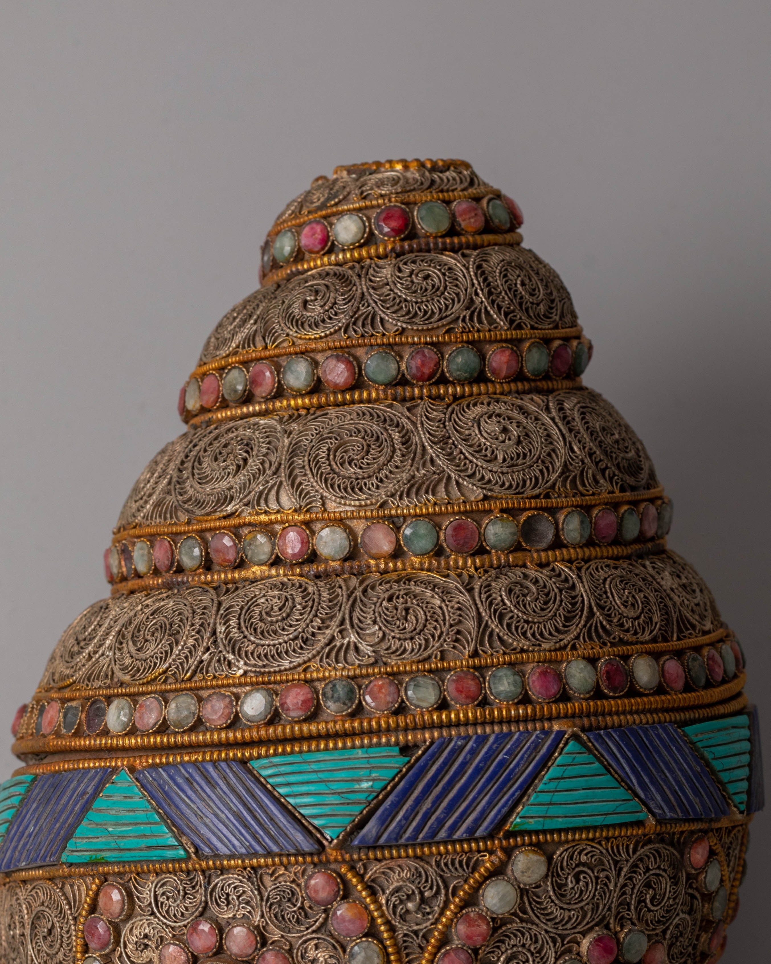 Tibetan Conch Shell with Semi Precious Stones for Puja and Meditation