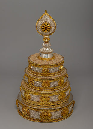 Buddhist Mandala Rice Offering Set | Handcrafted Copper Artwork with Gold & Silver Plating
