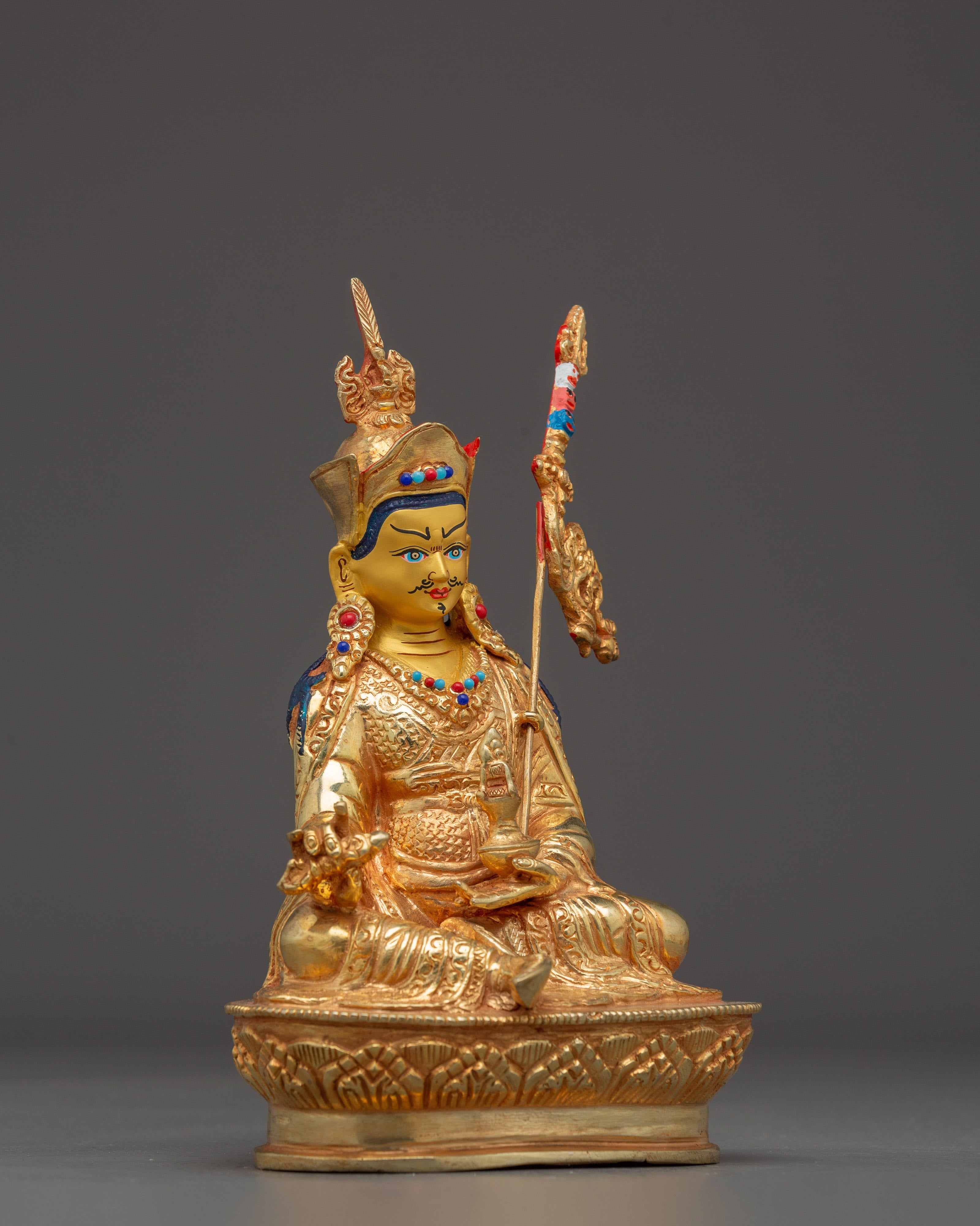 Sacred Padmasambhava Statue | Gold Plated Copper Buddha Sculpture with Coral & Turquoise