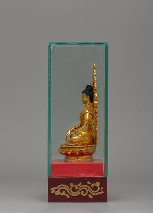 Glass-Enclosed Shakyamuni Buddha Statue | Meditative Lotus Pedestal Figure