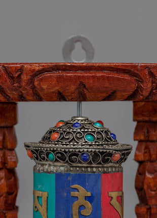 Compact Copper Prayer Wheel with Mantras and Stones | Vibrant Buddhist Devotional Tool