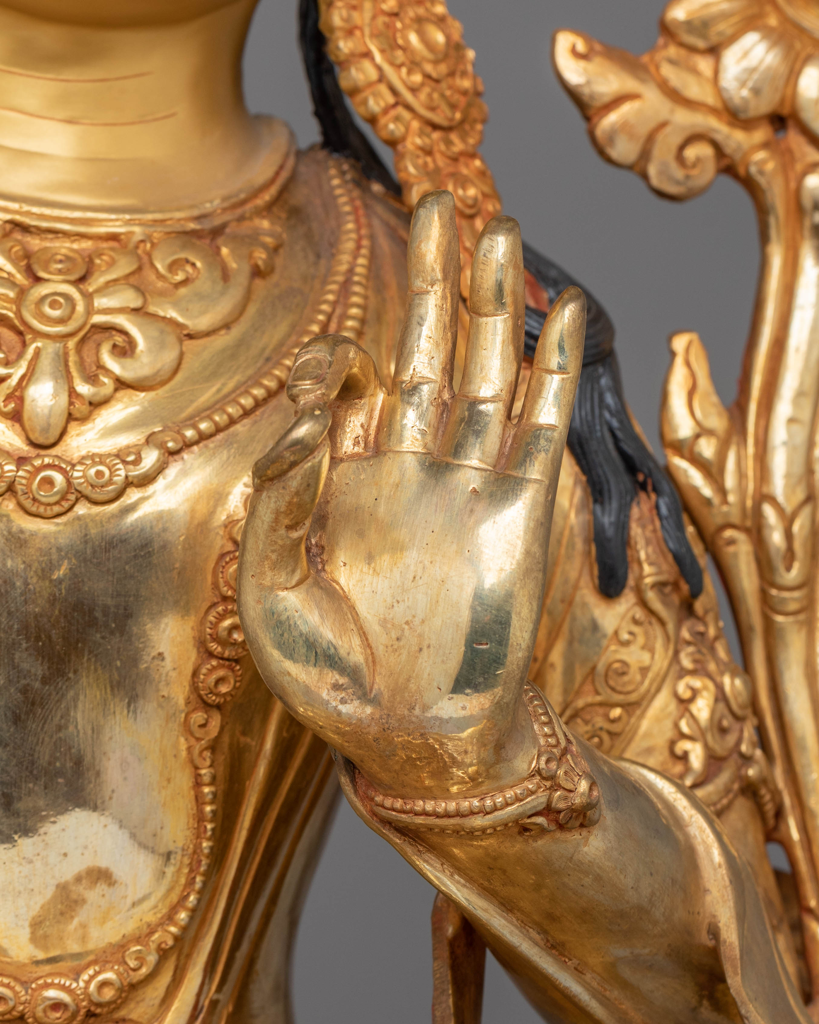 Handmade Spiritual Manjushri Statue | Gold-Plated Copper with Acrylic Color