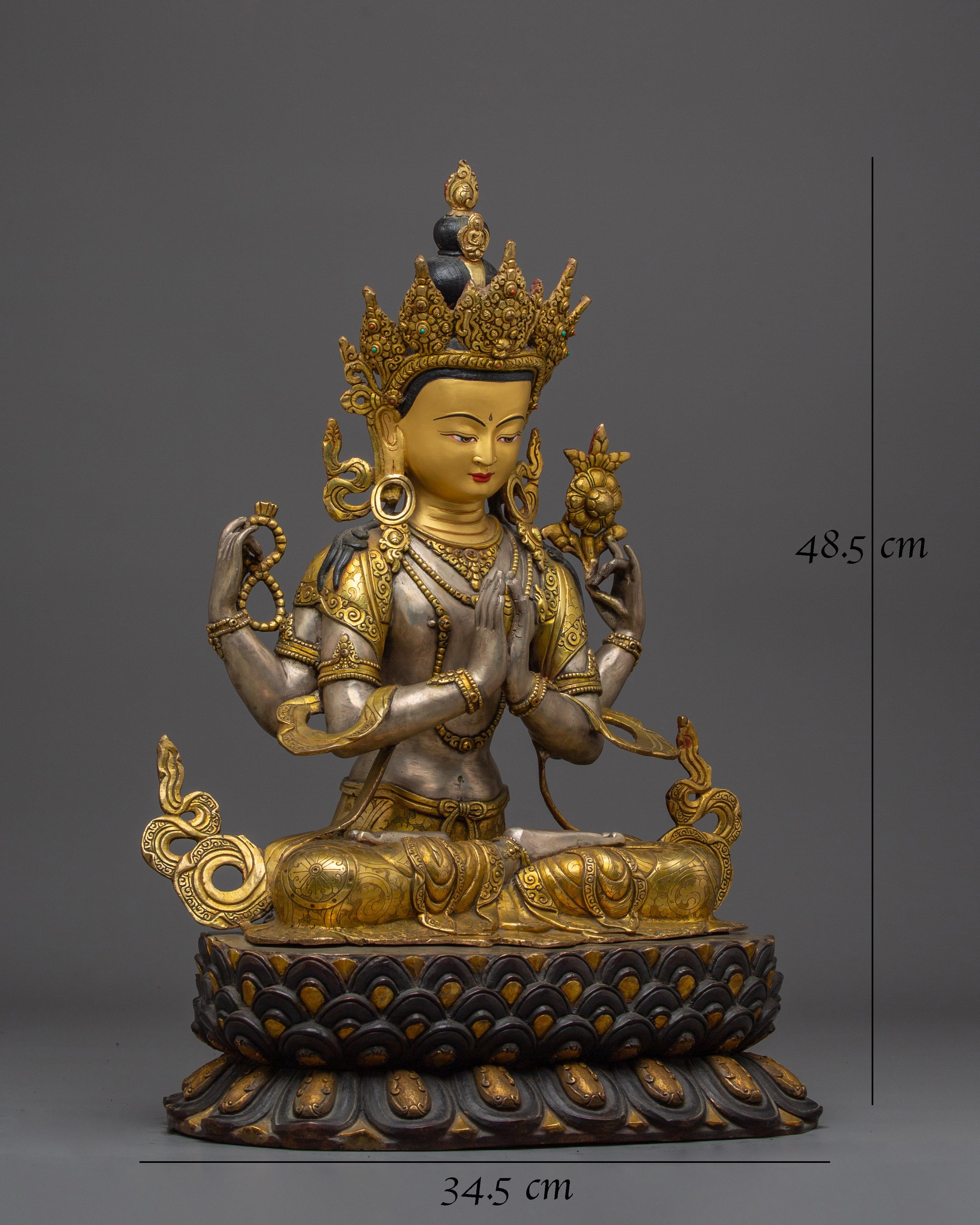 Silver-Plated & Gold-Gilded Copper Chenrezig Statue