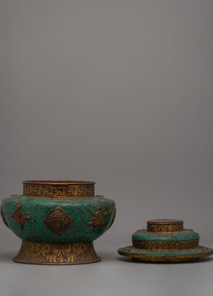 Handmade Tibetan Rice Pot | Dhupur Ritual Artifact with Turquoise Stone Details