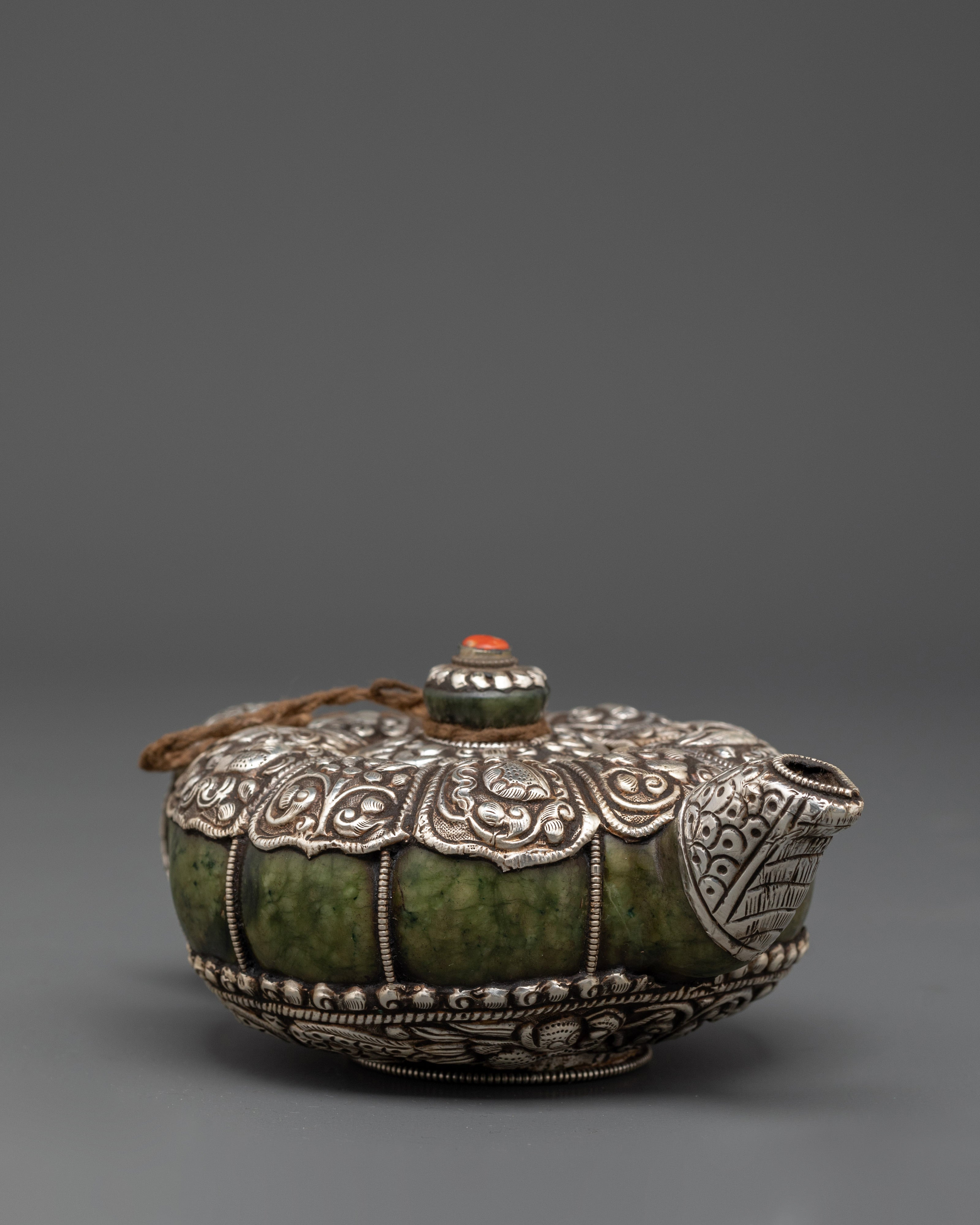 Handcrafted Tibetan Teapot & Offering Bowl Set | Green Jade & Silver Tea Set