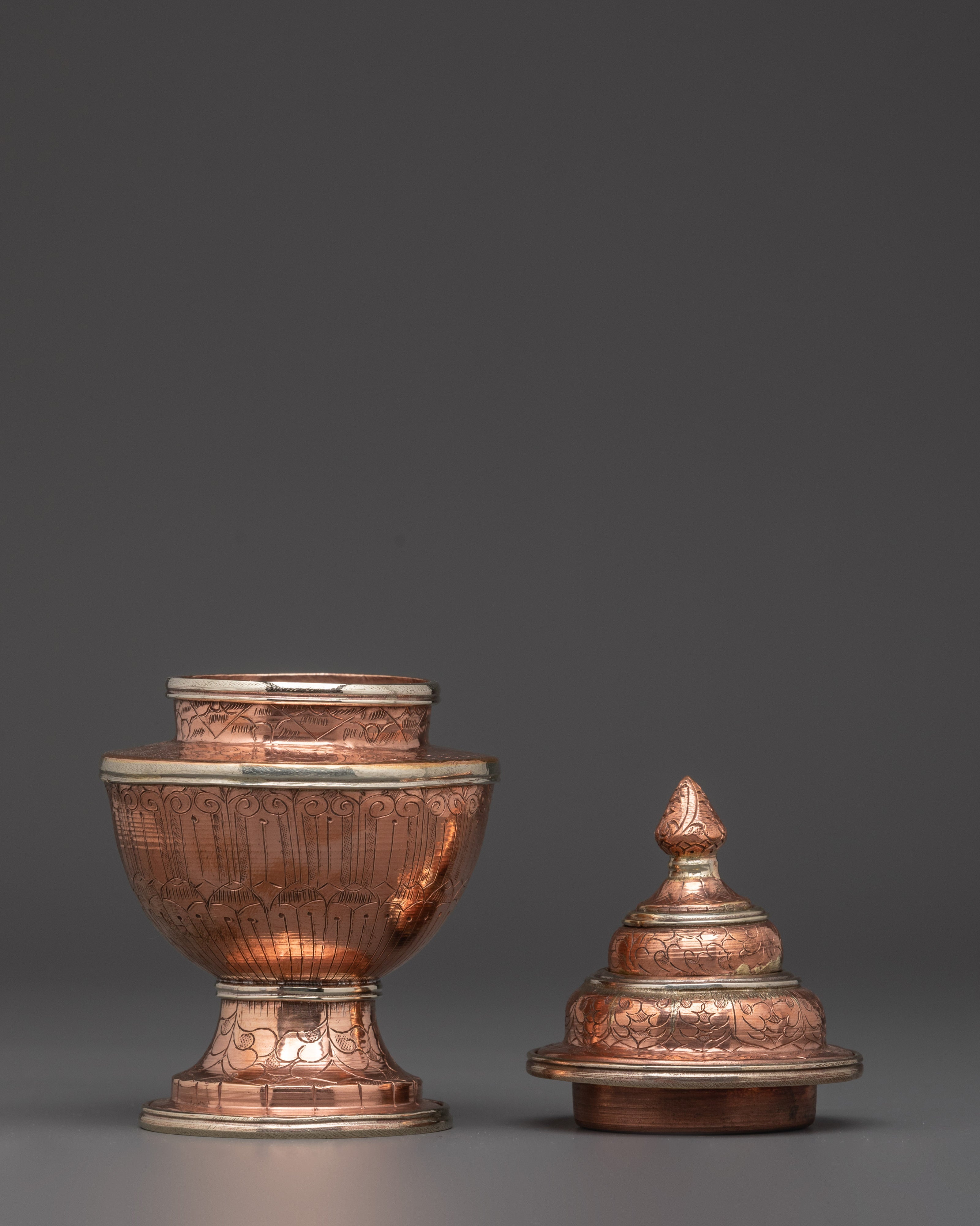 Tibetan Rice Vessel | Handmade Copper Ritual Pot with White Metal Lid