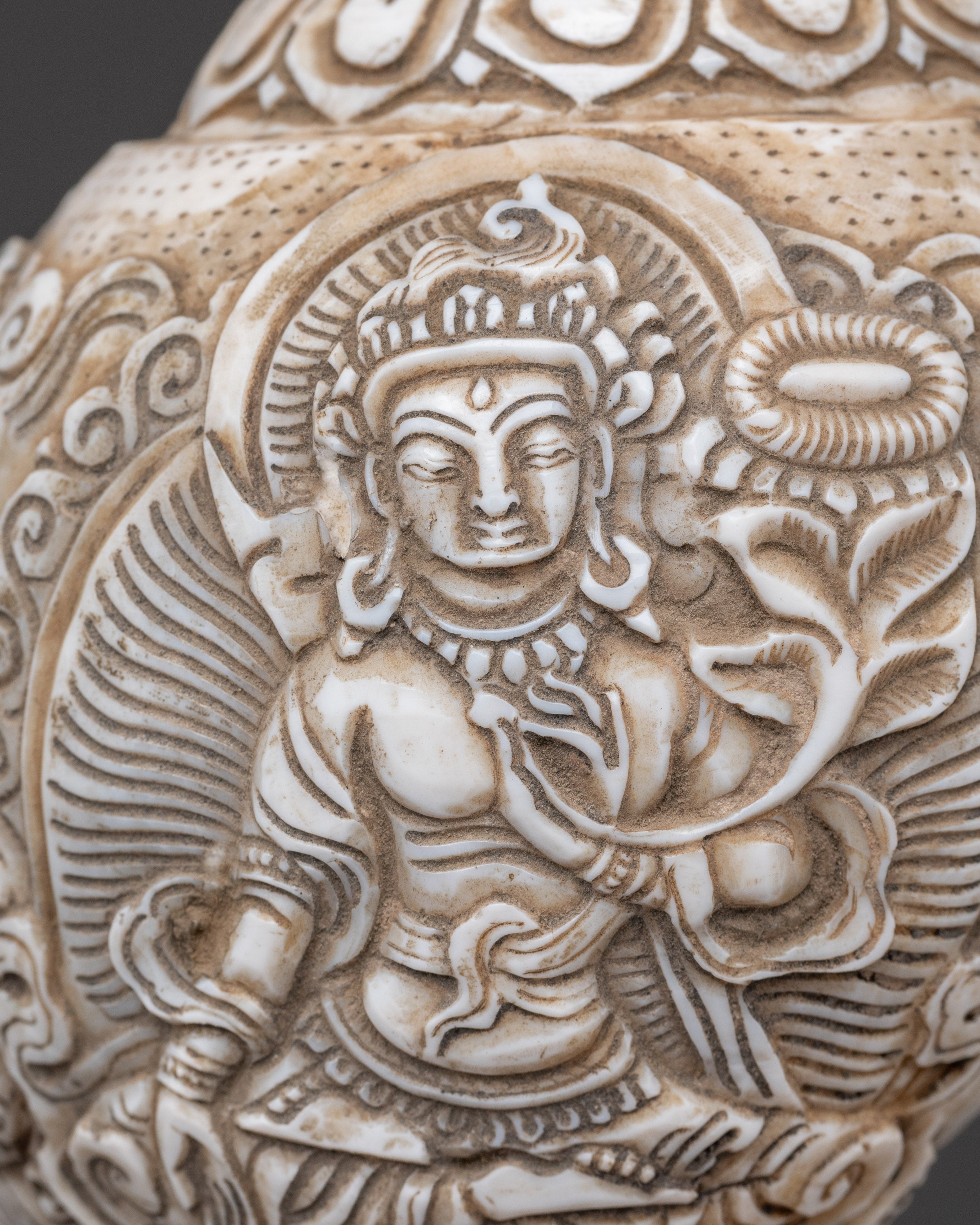 Hand carved Avalokiteshvara Design Conch Shell | Sacred Buddhist Spiritual Artifact