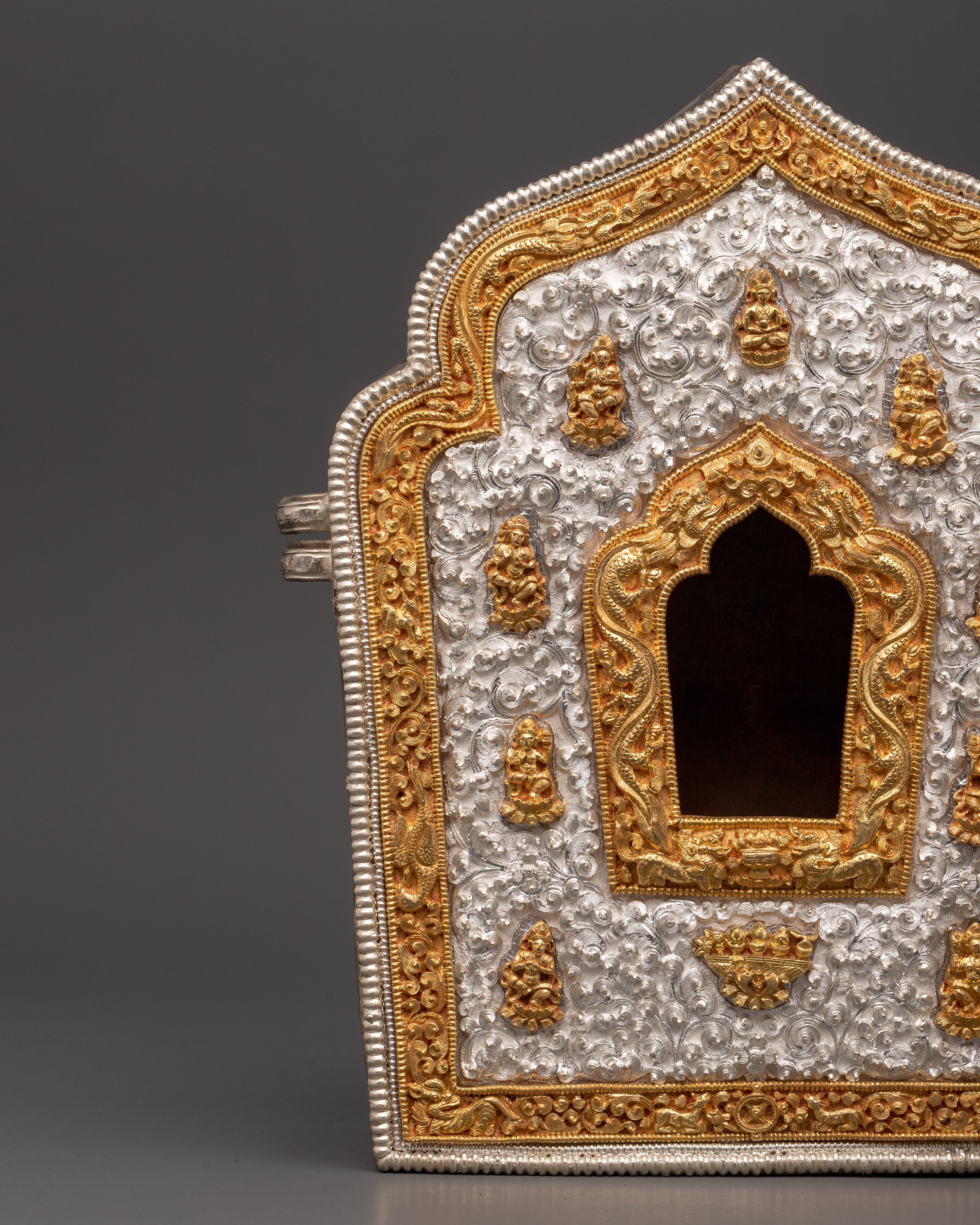 Buddhist Portable Ghau Box \ Gold &amp; Silver-Plated Copper Shrine Box