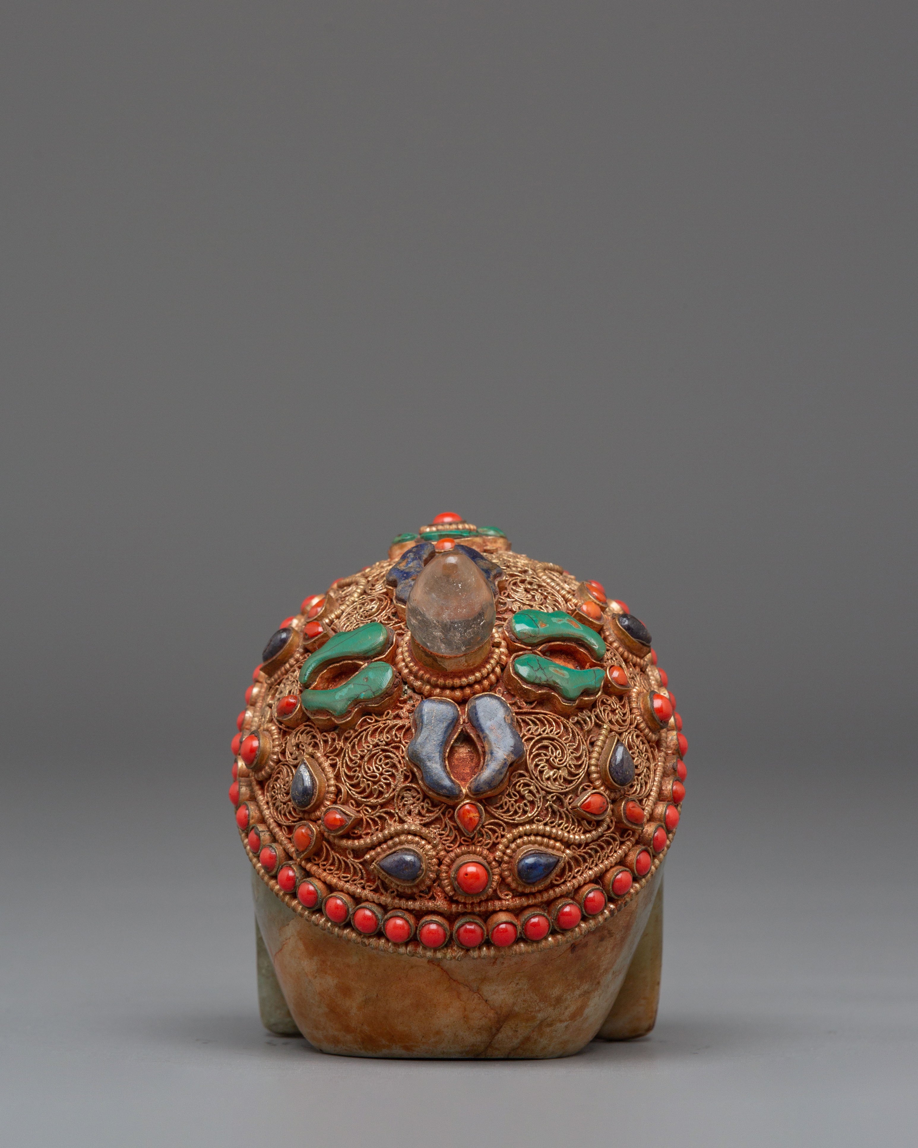 Handcrafted Skull Sculpture | Crystal and Copper Art with Turquoise & Coral