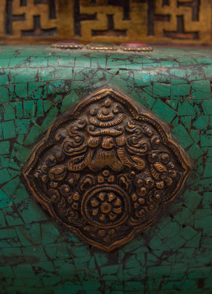 Handmade Tibetan Rice Pot | Dhupur Ritual Artifact with Turquoise Stone Details