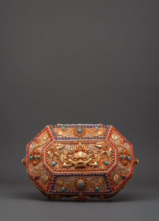 Tibetan Decorative Treasure Box | Buddhist Treasure Box with Turquoise & Coral Inlays