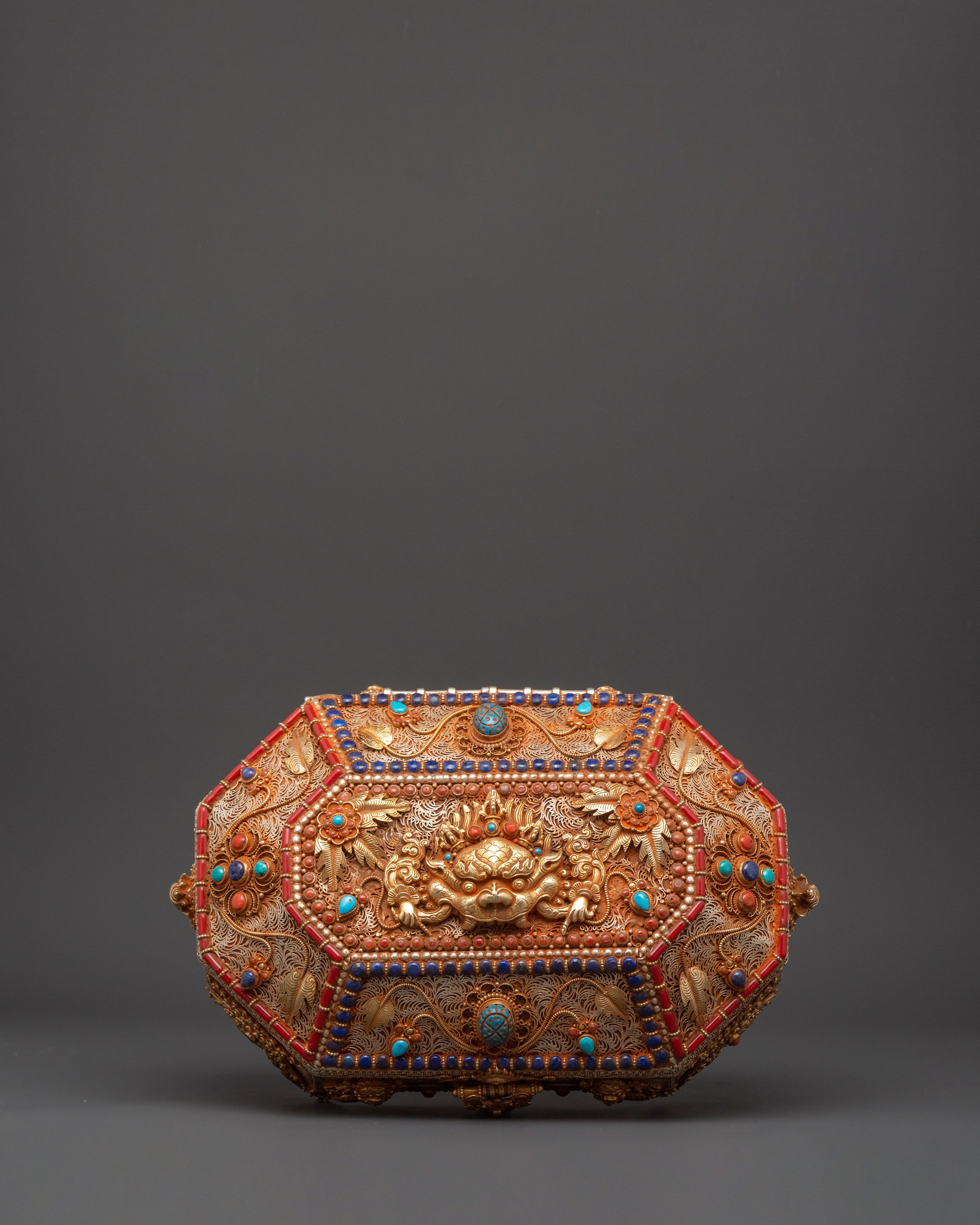 Tibetan Decorative Treasure Box | Buddhist Treasure Box with Turquoise & Coral Inlays