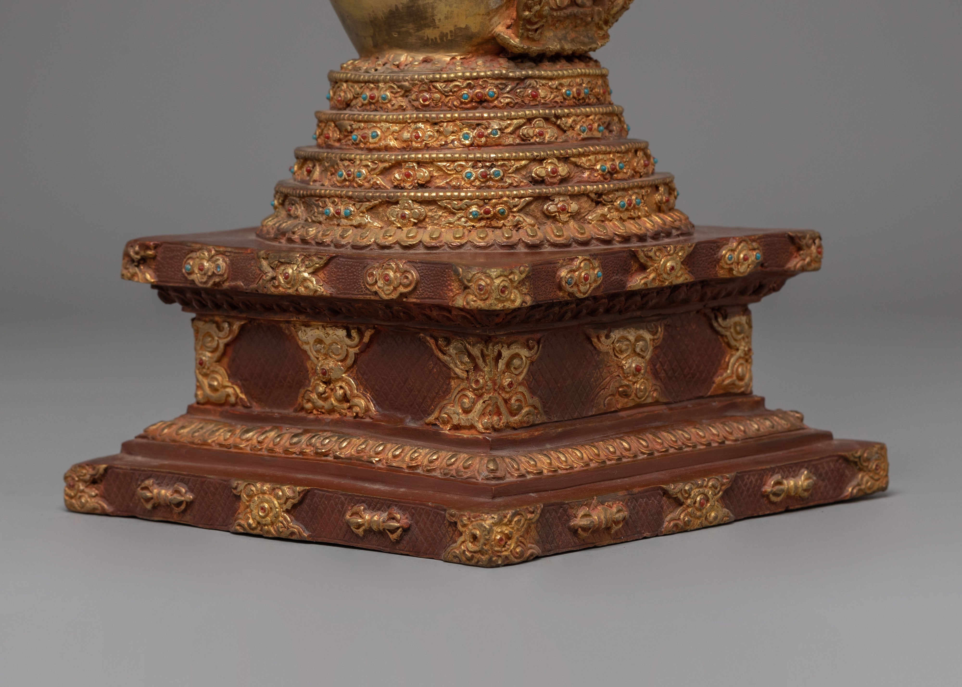 Handcrafted Buddhist Shrine Stupa | Gold Plated Tibetan Ritual Stupa Art