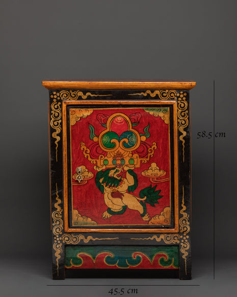 Handcarved Tibetan Wood Cabinet | Engraved Snow Lion Guardian