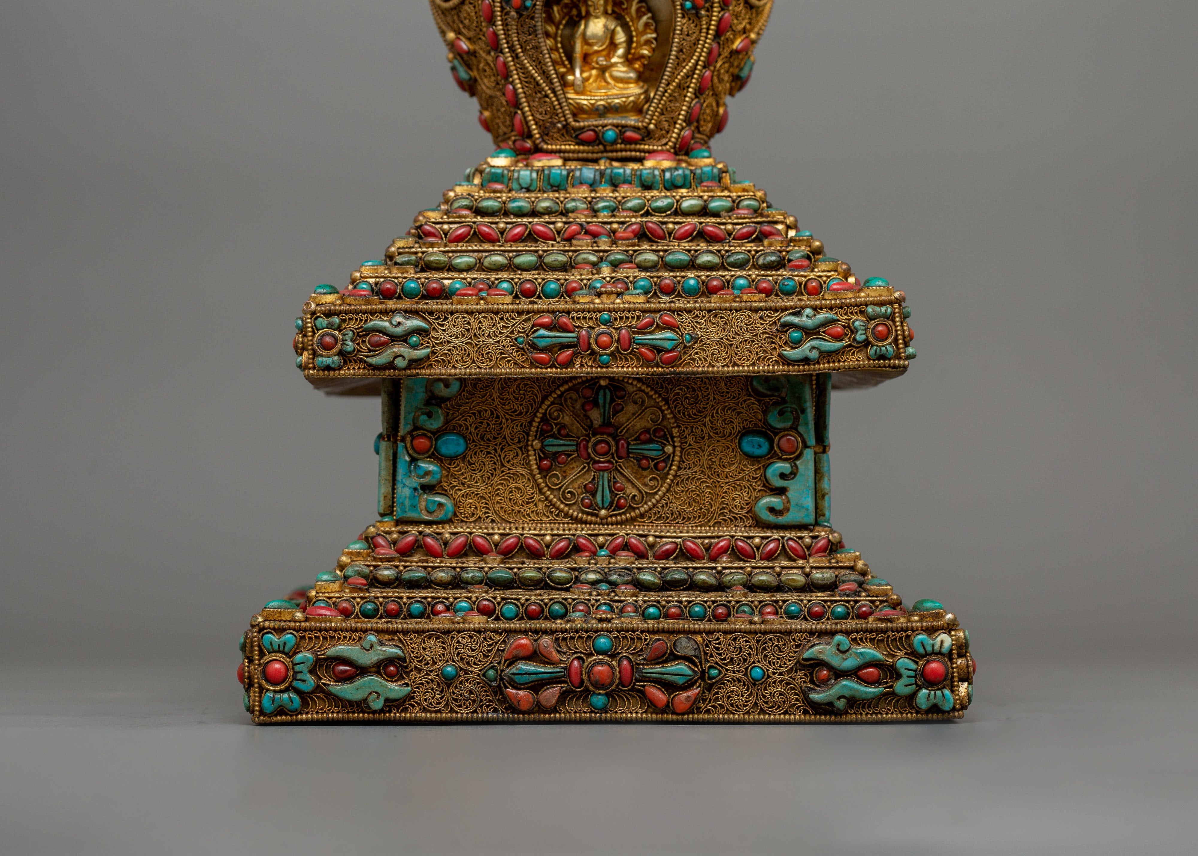 Decorative Stupa with Buddha Figure | Copper Stupa with Gold Plating