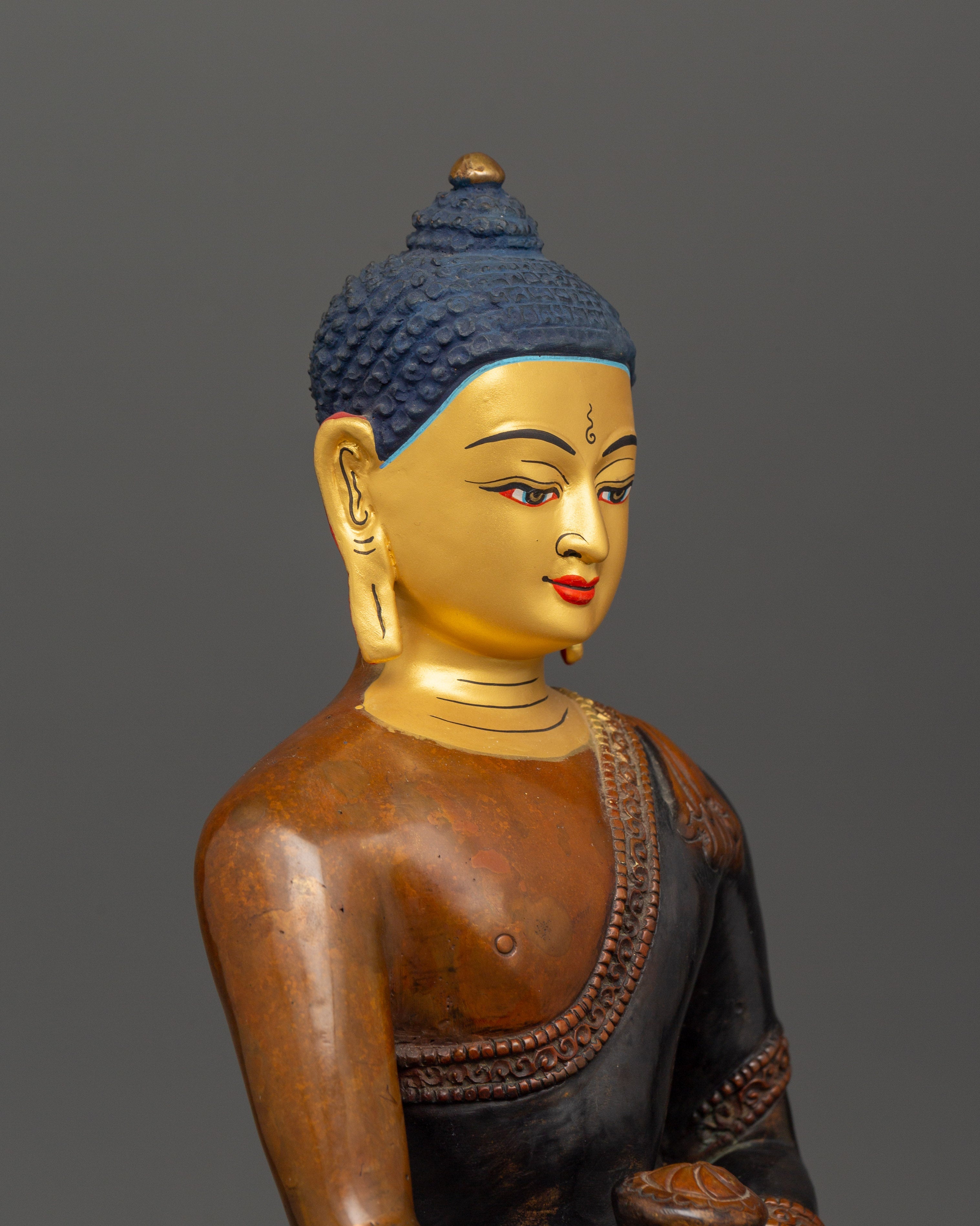 Shakyamuni Buddha Tibetan Buddhist Statue | Oxidized Copper Body with Gold Plating
