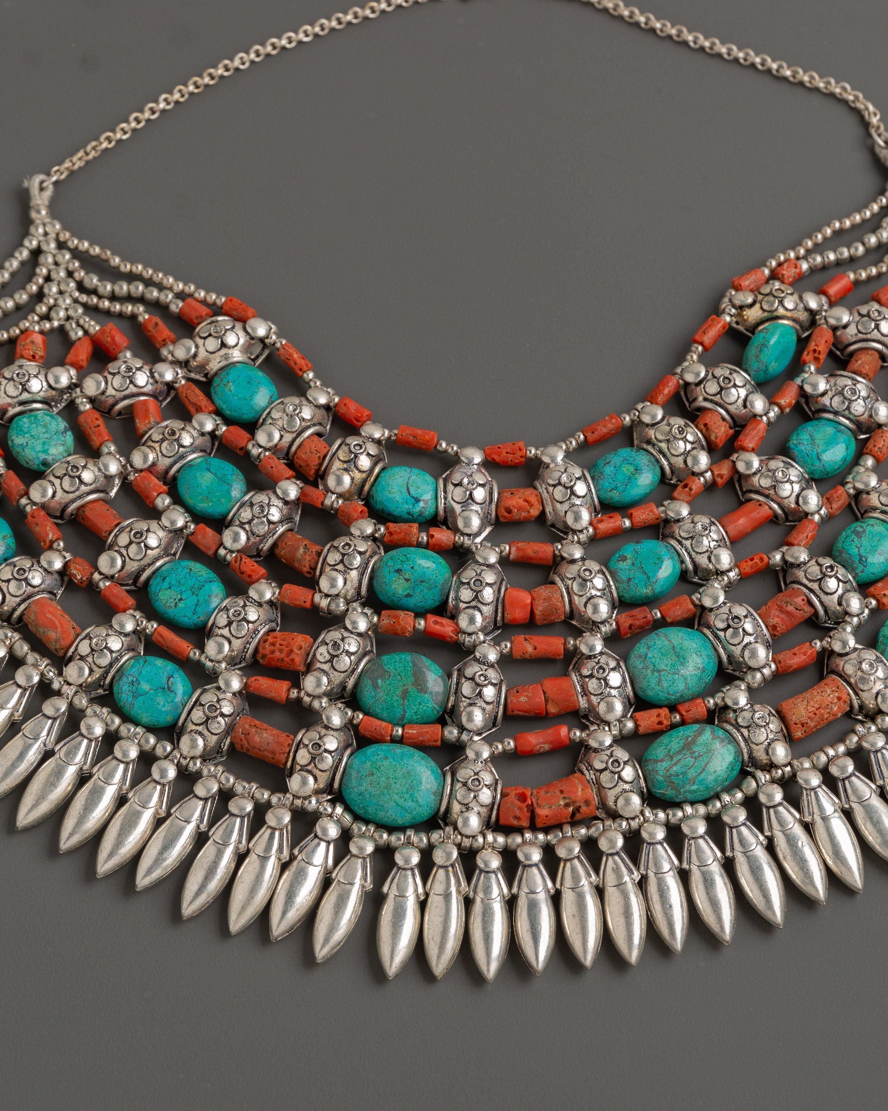 Chunky Tibetan Necklace with Coral and Turquoise | Statement Jewelry