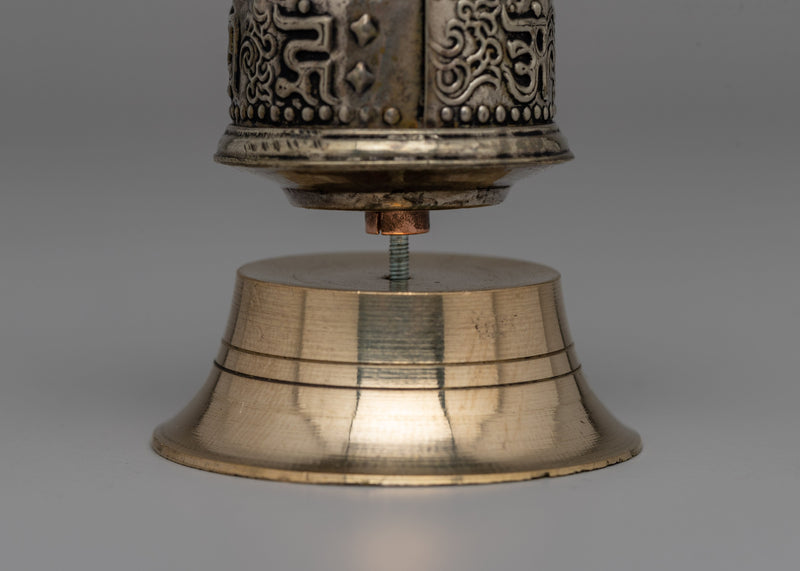 Intricate Tibetan Prayer Wheel for Meditation & Blessings | Compact Copper & Brass Ritual Tool