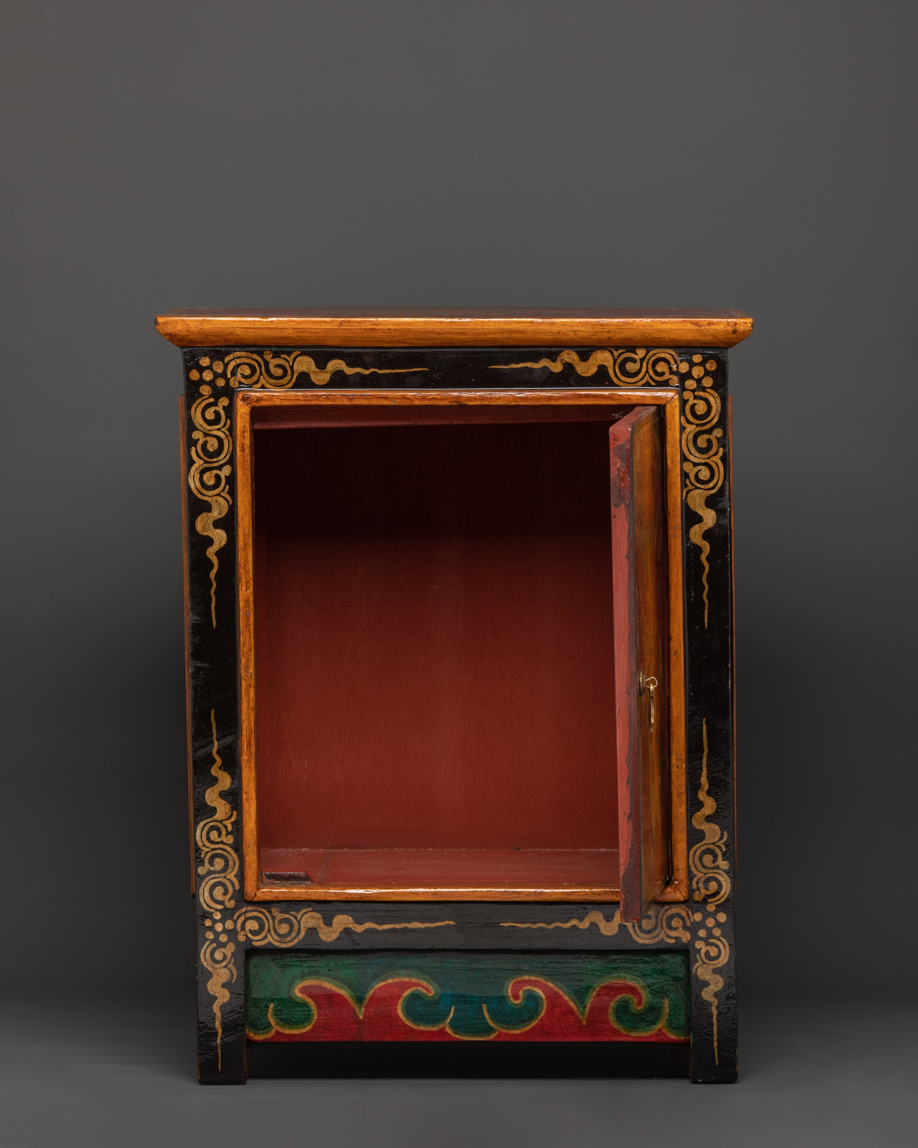 Handcarved Tibetan Wood Cabinet | Engraved Snow Lion Guardian