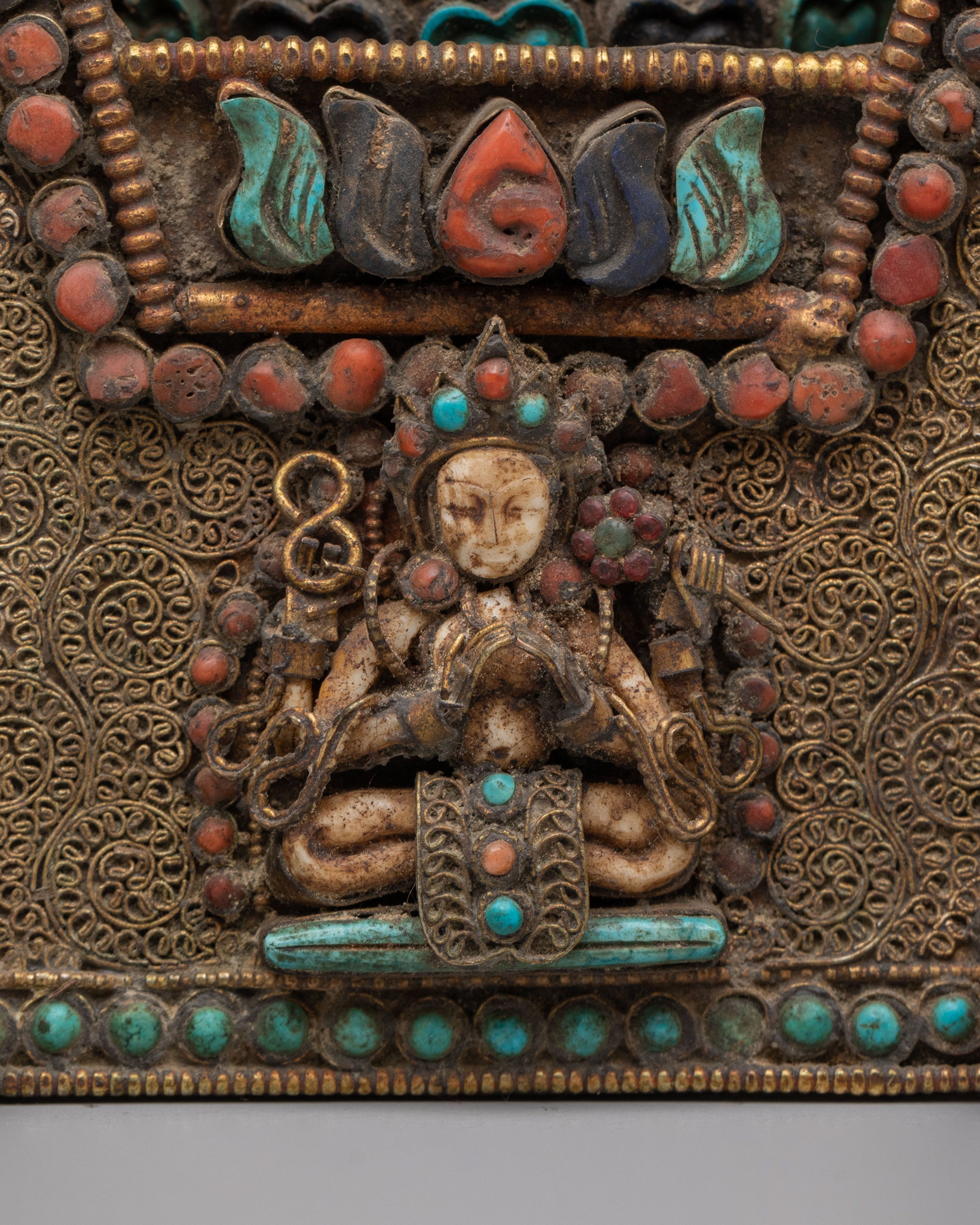 Handcrafted Ghau Box with Deity | Copper Ritual Box with Gemstones
