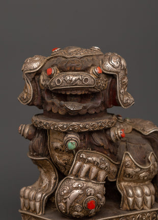 Tibetan Snow Lion Statue Set | Spiritual Decor with Antique Finish