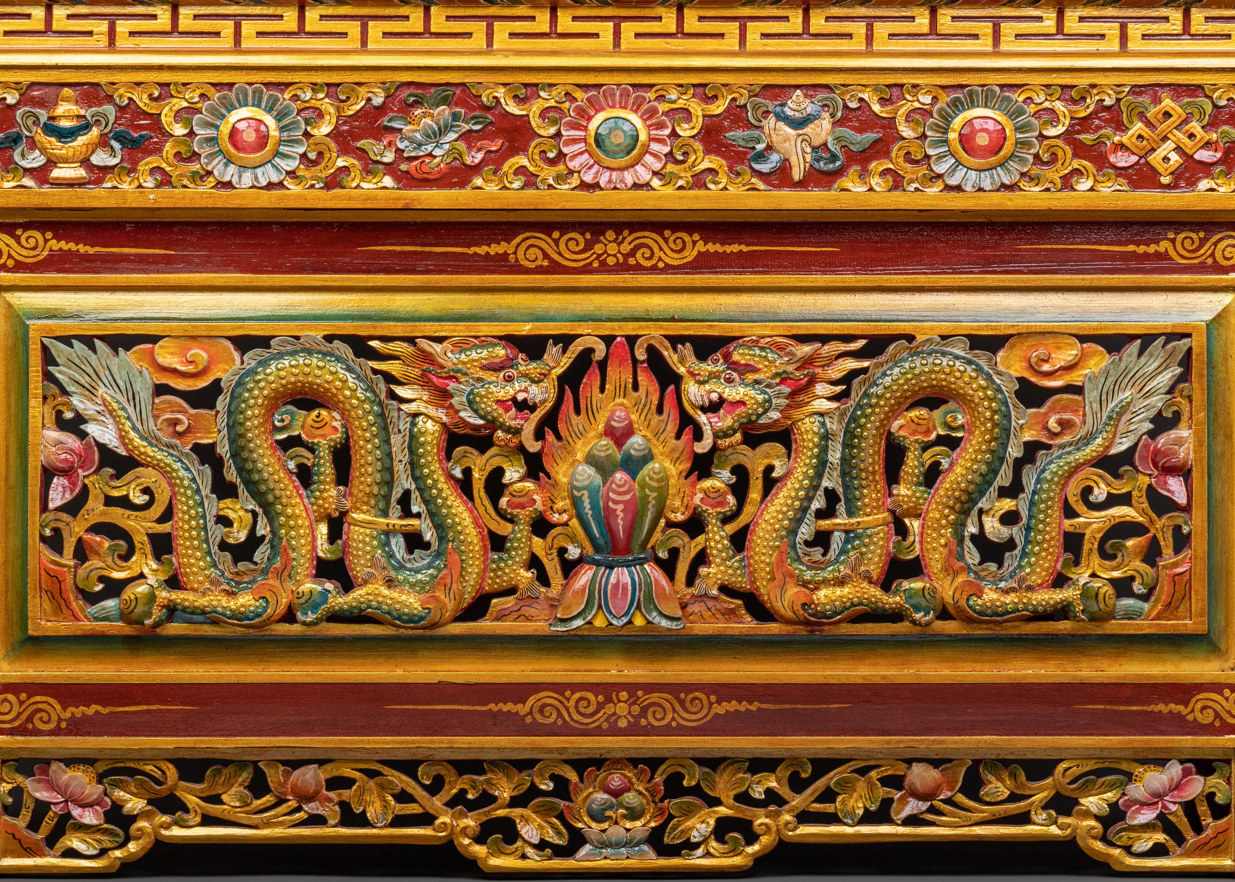Folding Table with Dragon Carving and Offering | Tibetan Decor