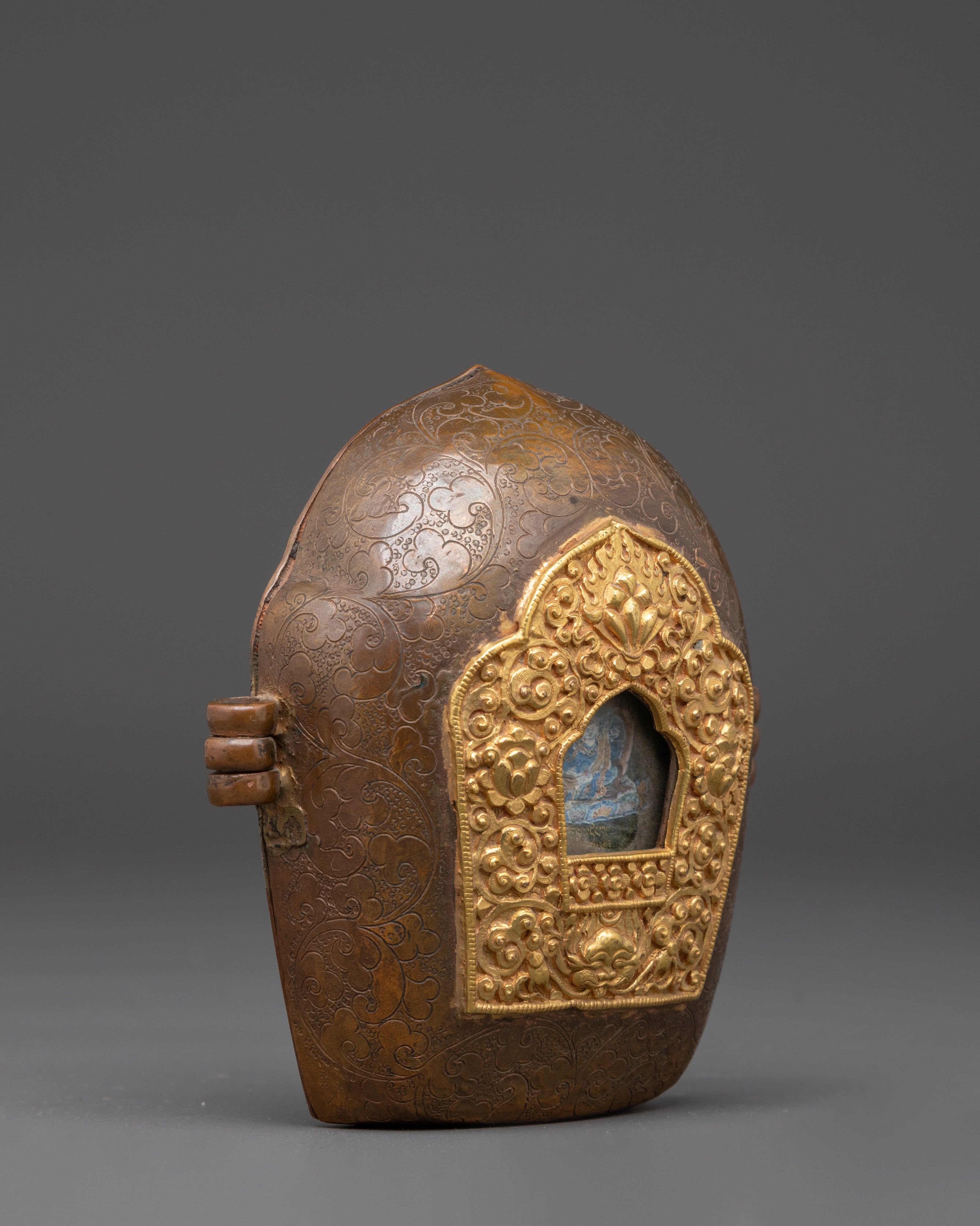 Handmade Religious Ghau Box | Copper and Gold Gilded Tibetan Box