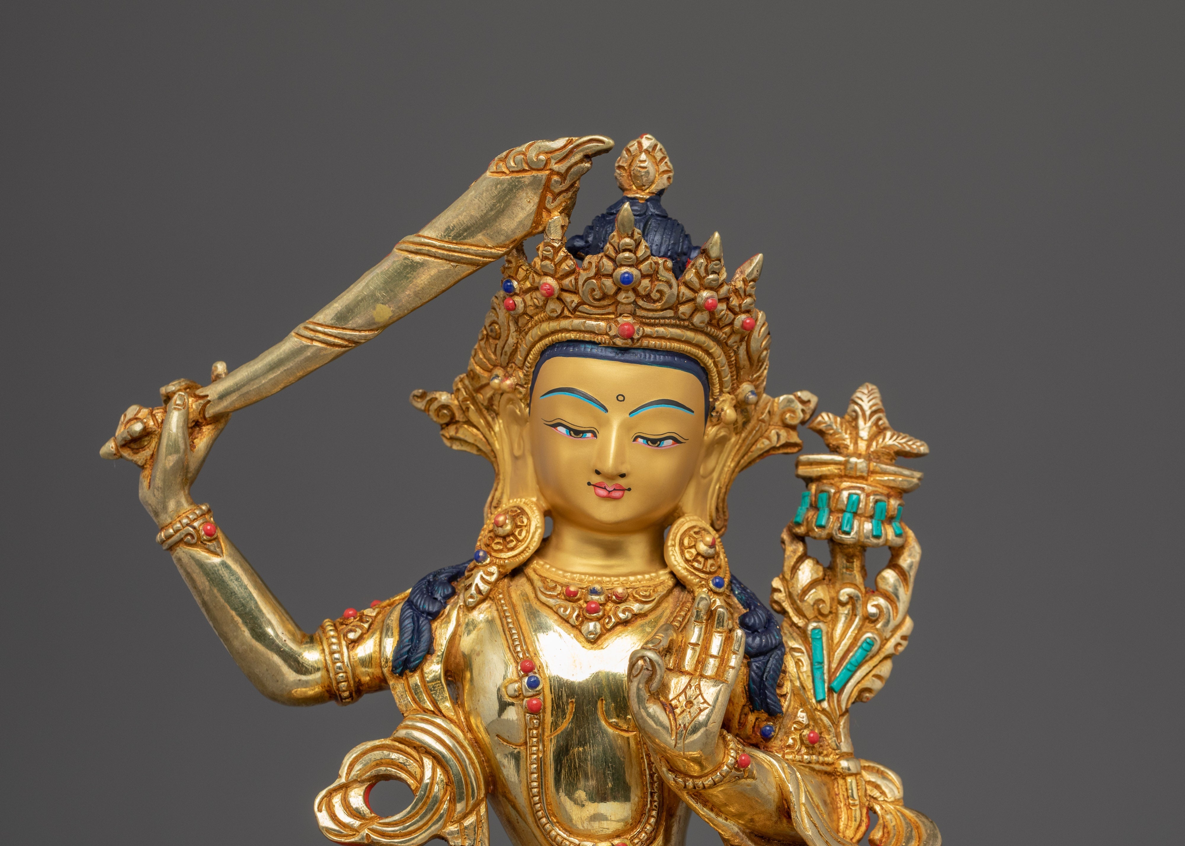 Handmade Manjushri Buddhist Sculpture | Gold Plated Manjushri Statue | Copper & Brass