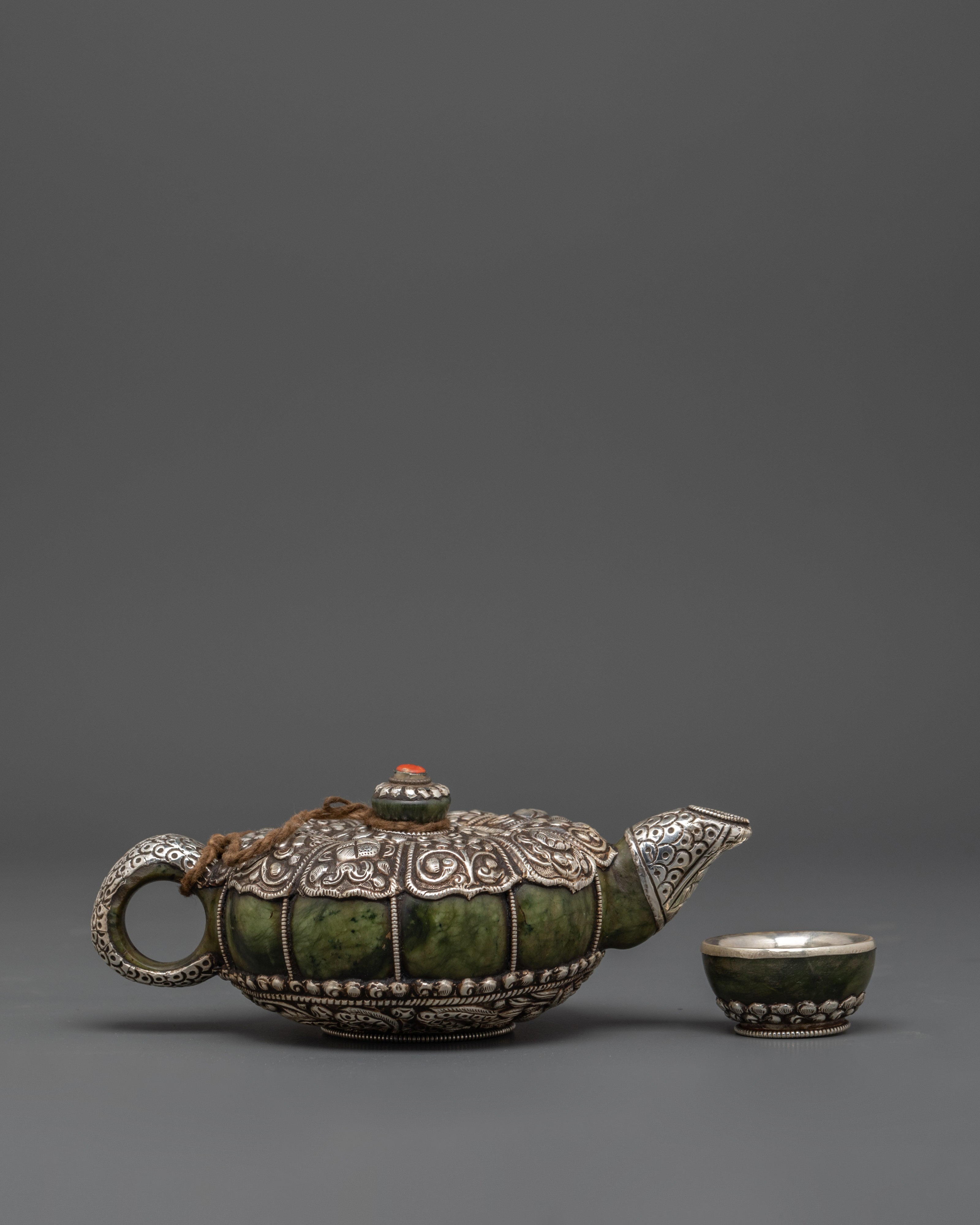 Handcrafted Tibetan Teapot & Offering Bowl Set | Green Jade & Silver Tea Set