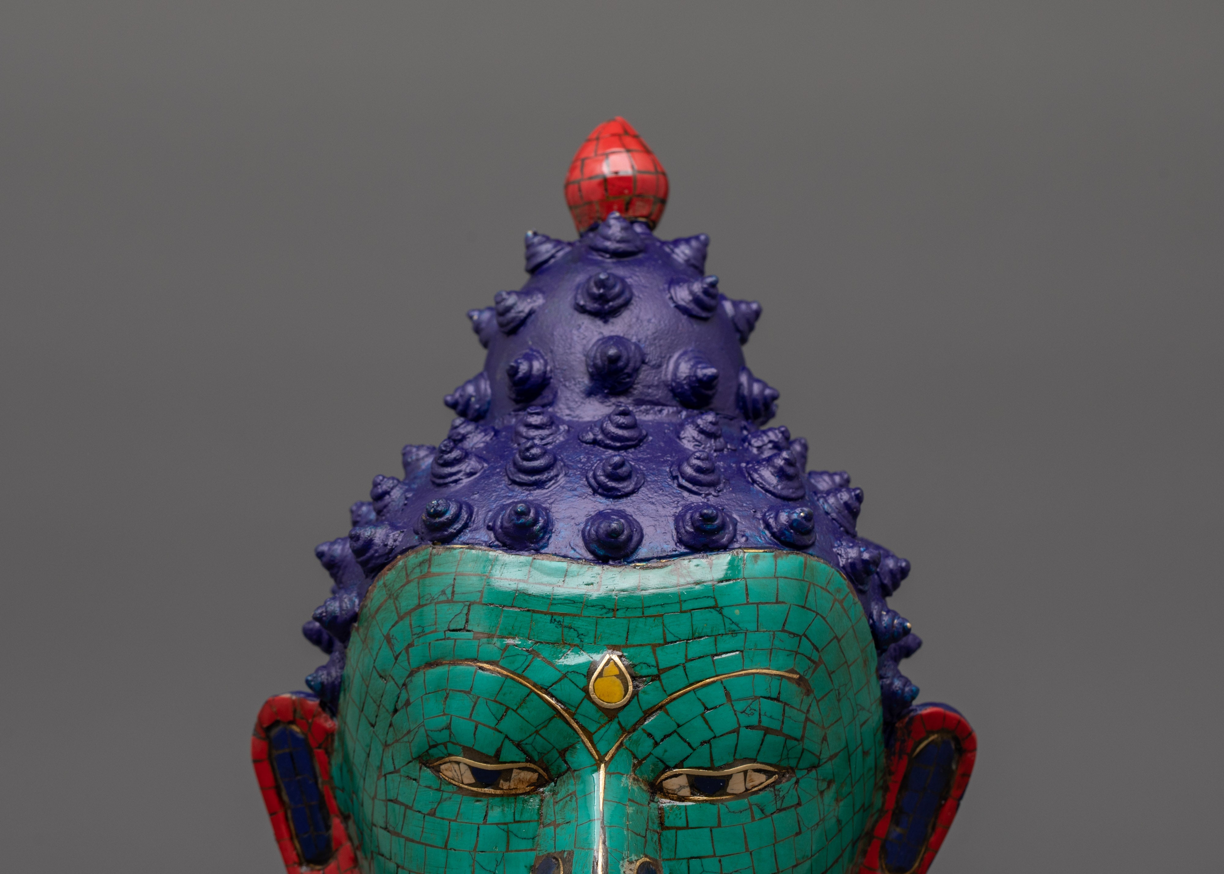 Brass Buddha Head Statue with Turquoise | Peaceful Spiritual Decor