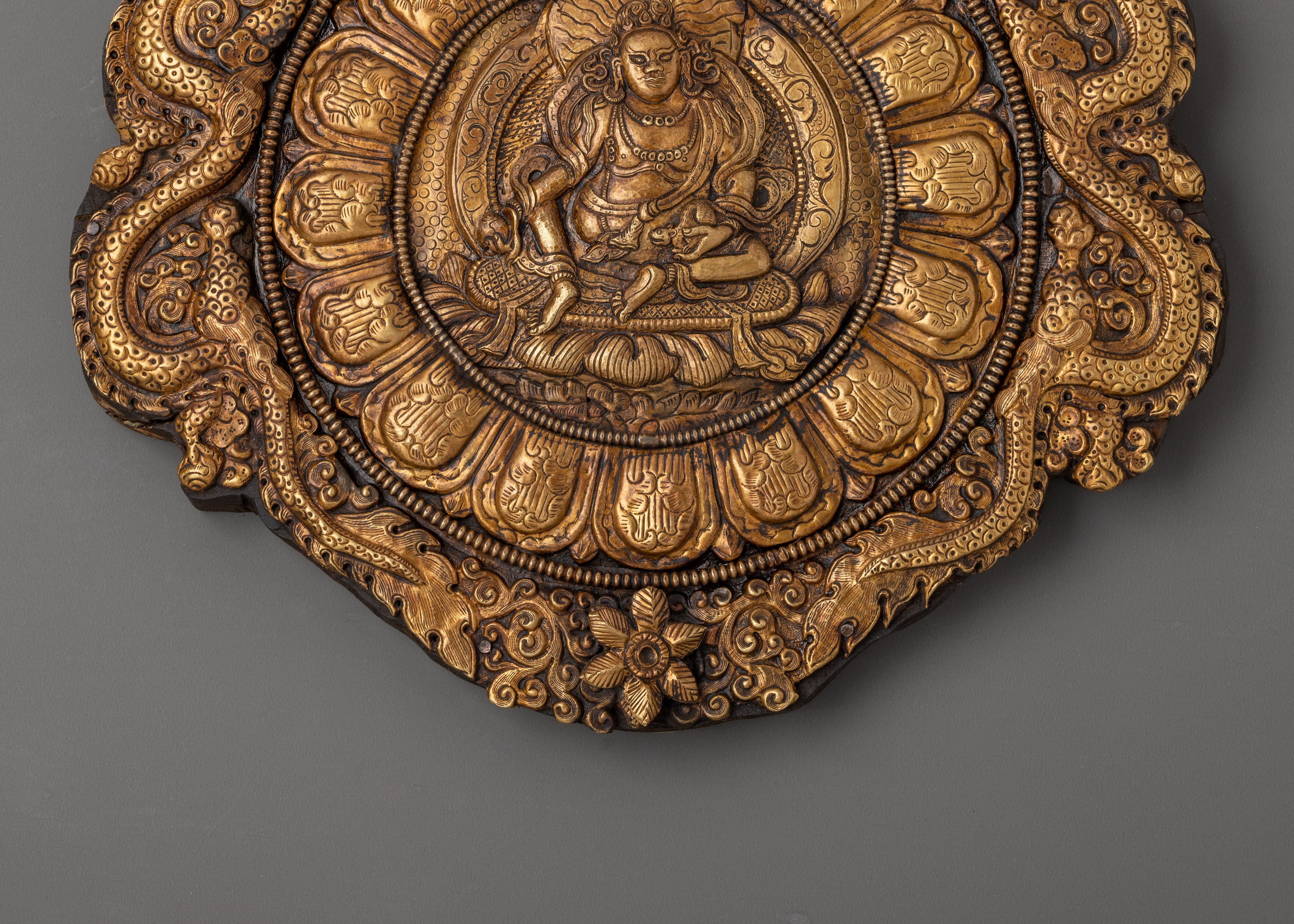 Wall Hanging with Engraved Yellow Dzambhala | Tibetan Wealth Deity Art