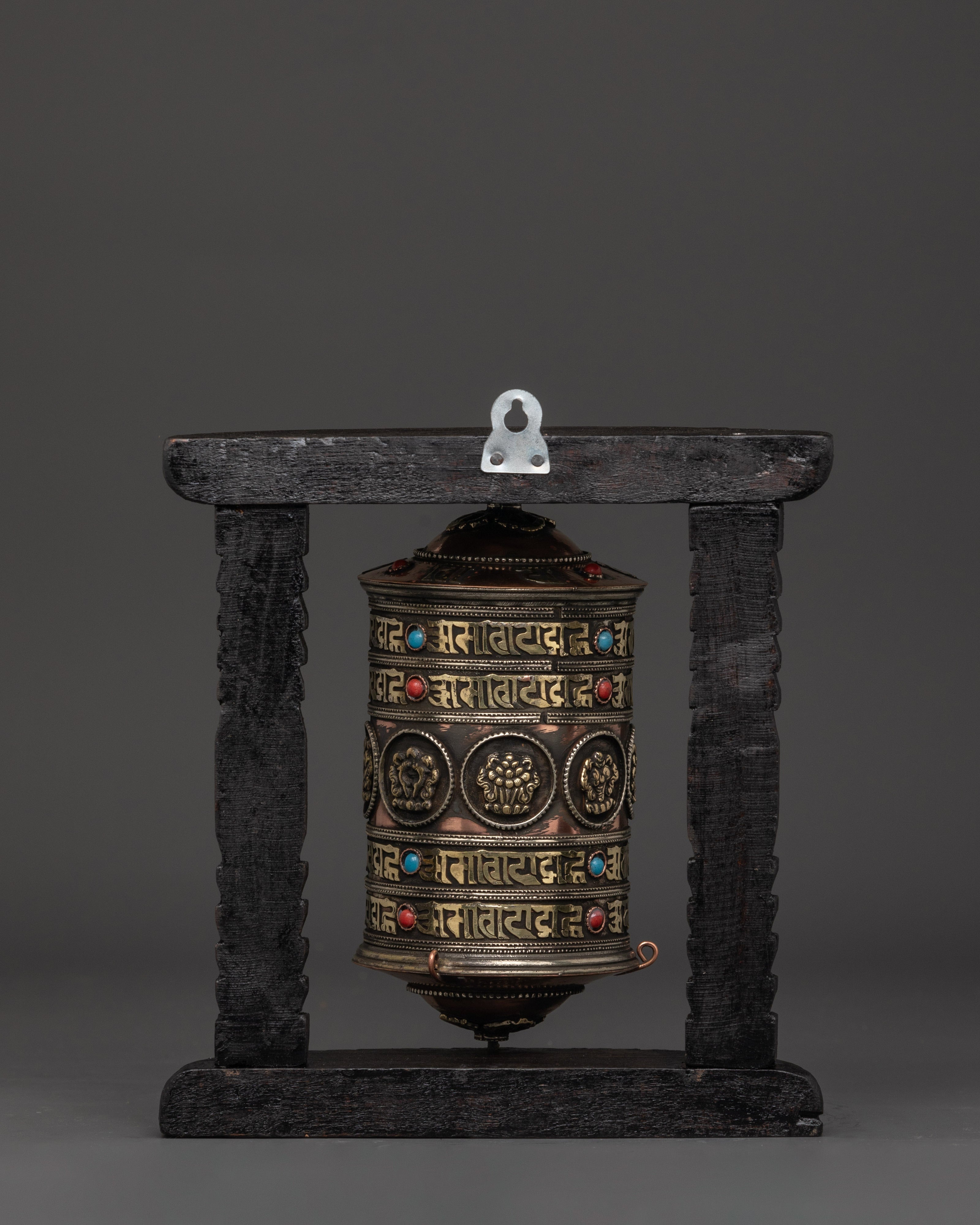Prayer Wheel Featuring Buddhist Auspicious Symbols | Handcarved Wooden Frame