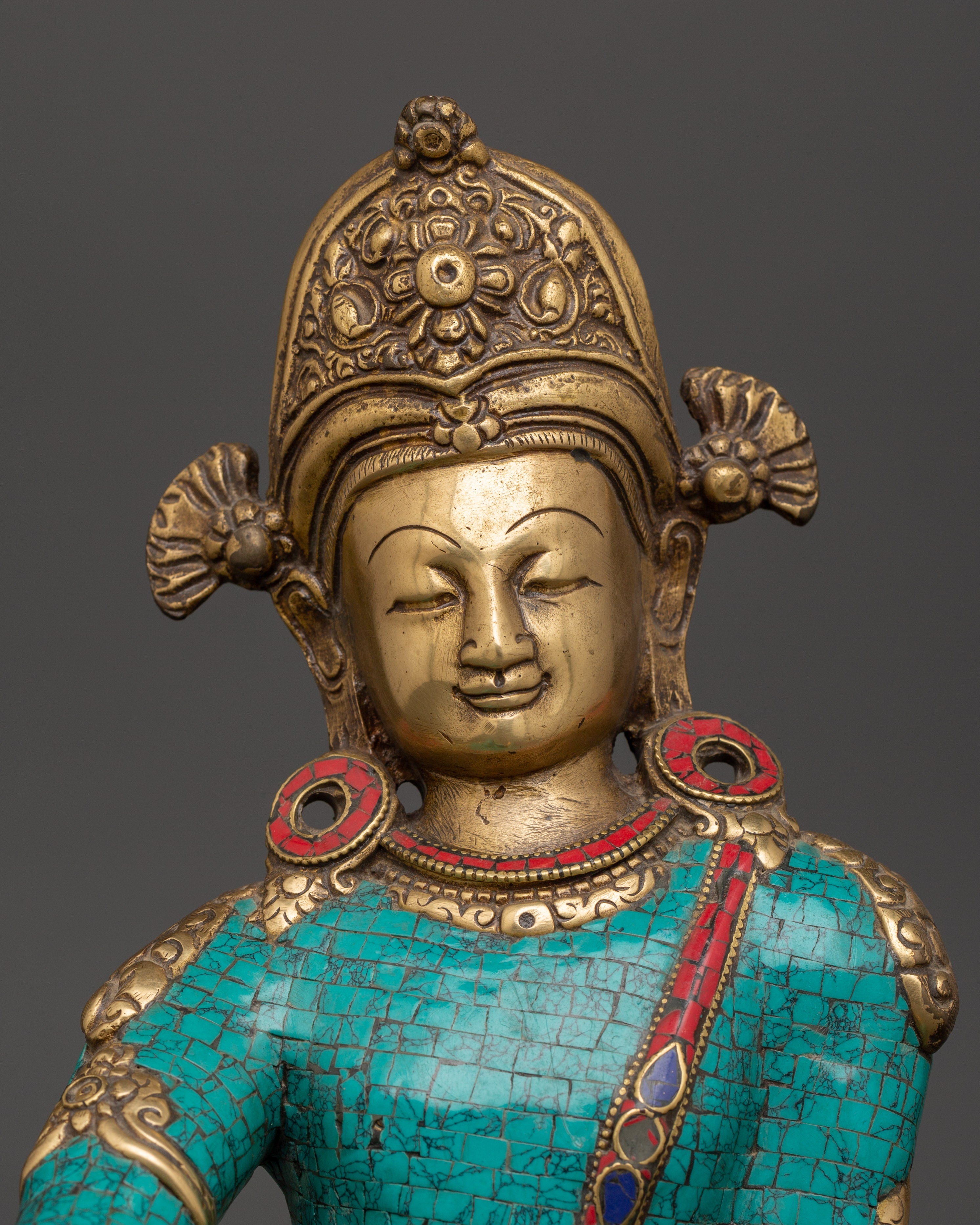 Lokeshwor Bodhisattva Statue | Brass Figurine with Turquoise & Coral Inlay