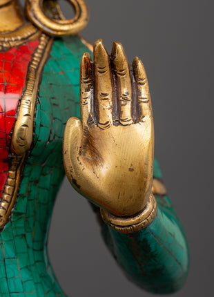 Maya Devi Brass Statue | Brass Sculpture with Turquoise & Coral Inlay