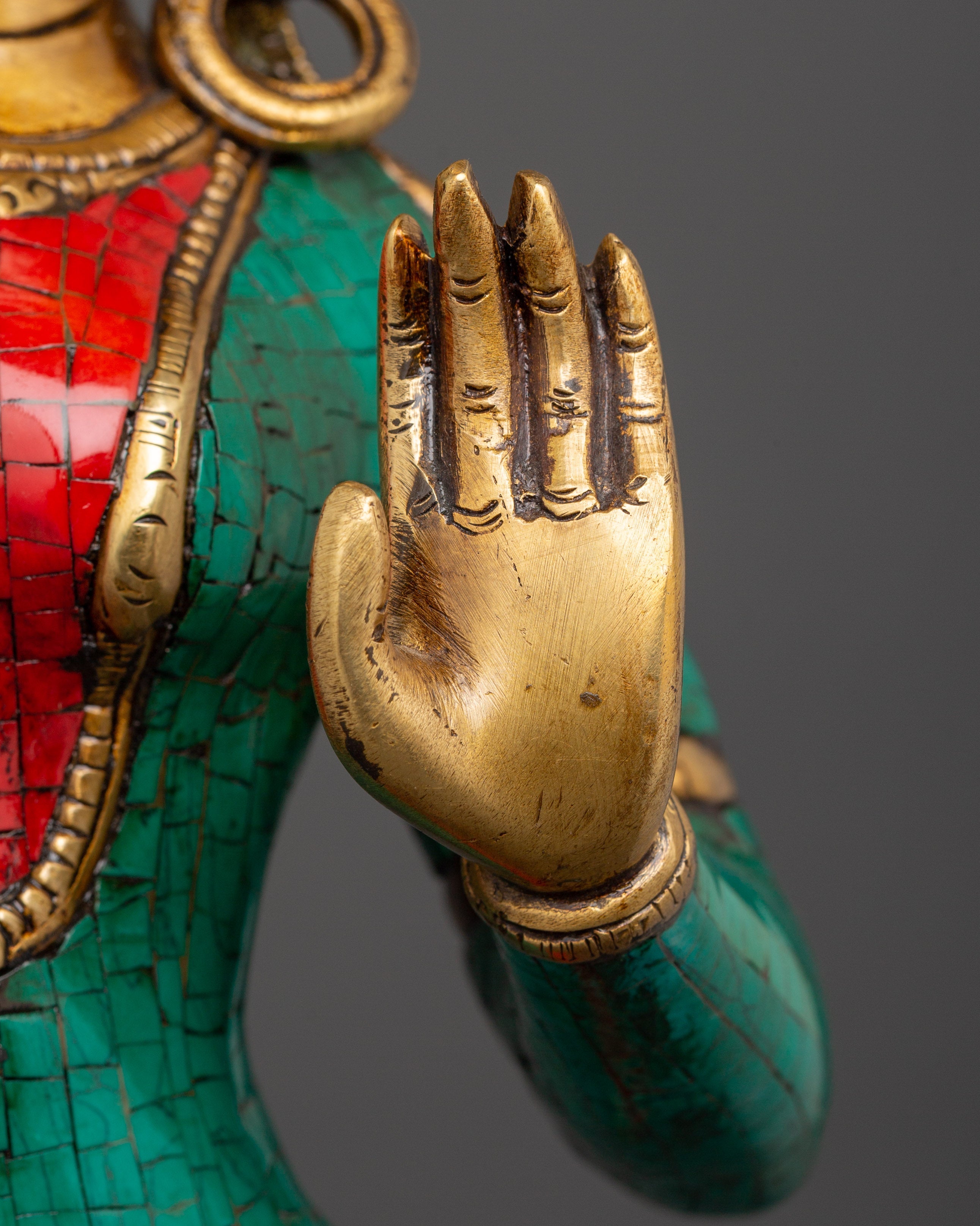 Maya Devi Brass Statue | Brass Sculpture with Turquoise & Coral Inlay