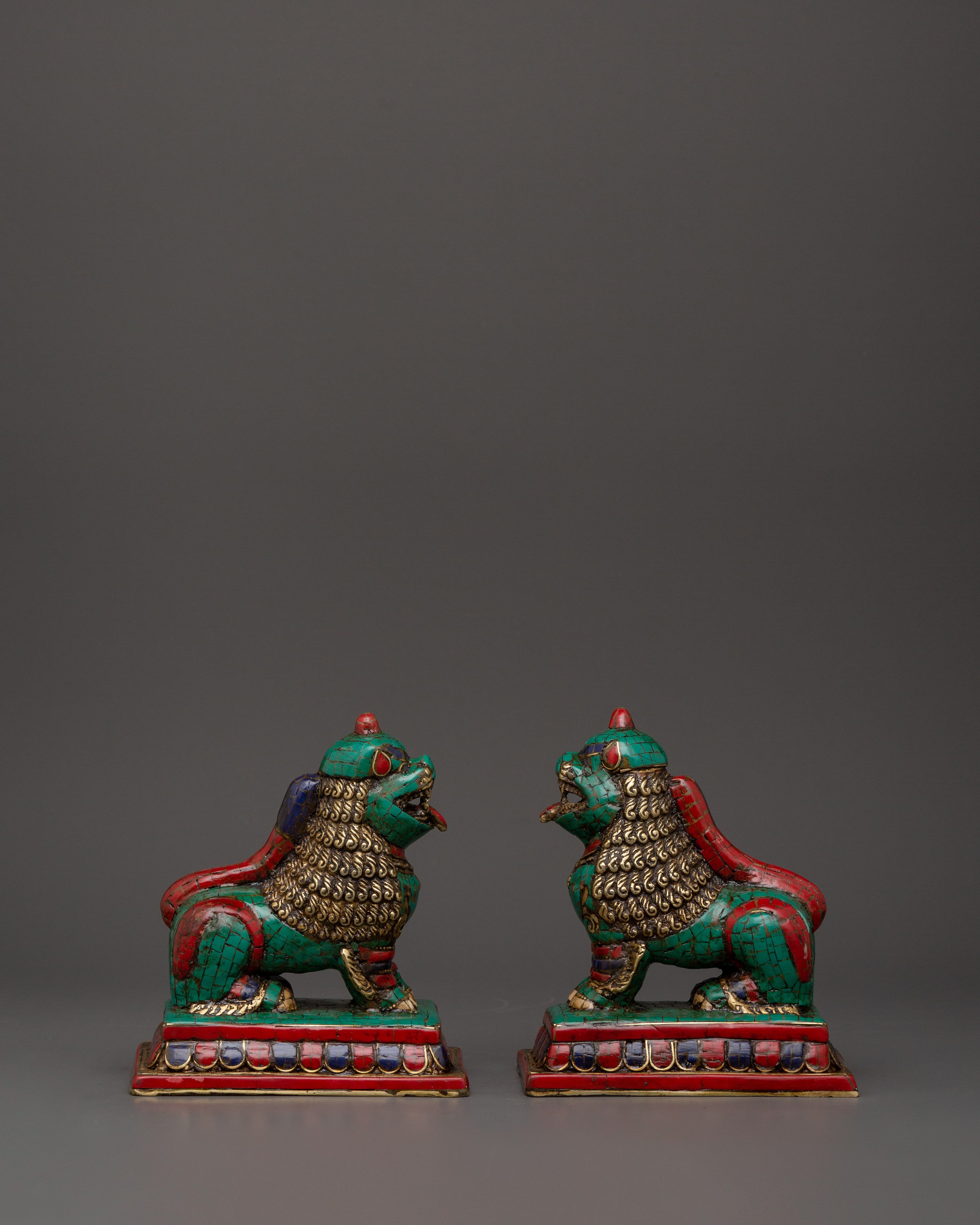 Tibetan Lion Set Brass Guardian Statues | Inlaid with Coral & Turquoise