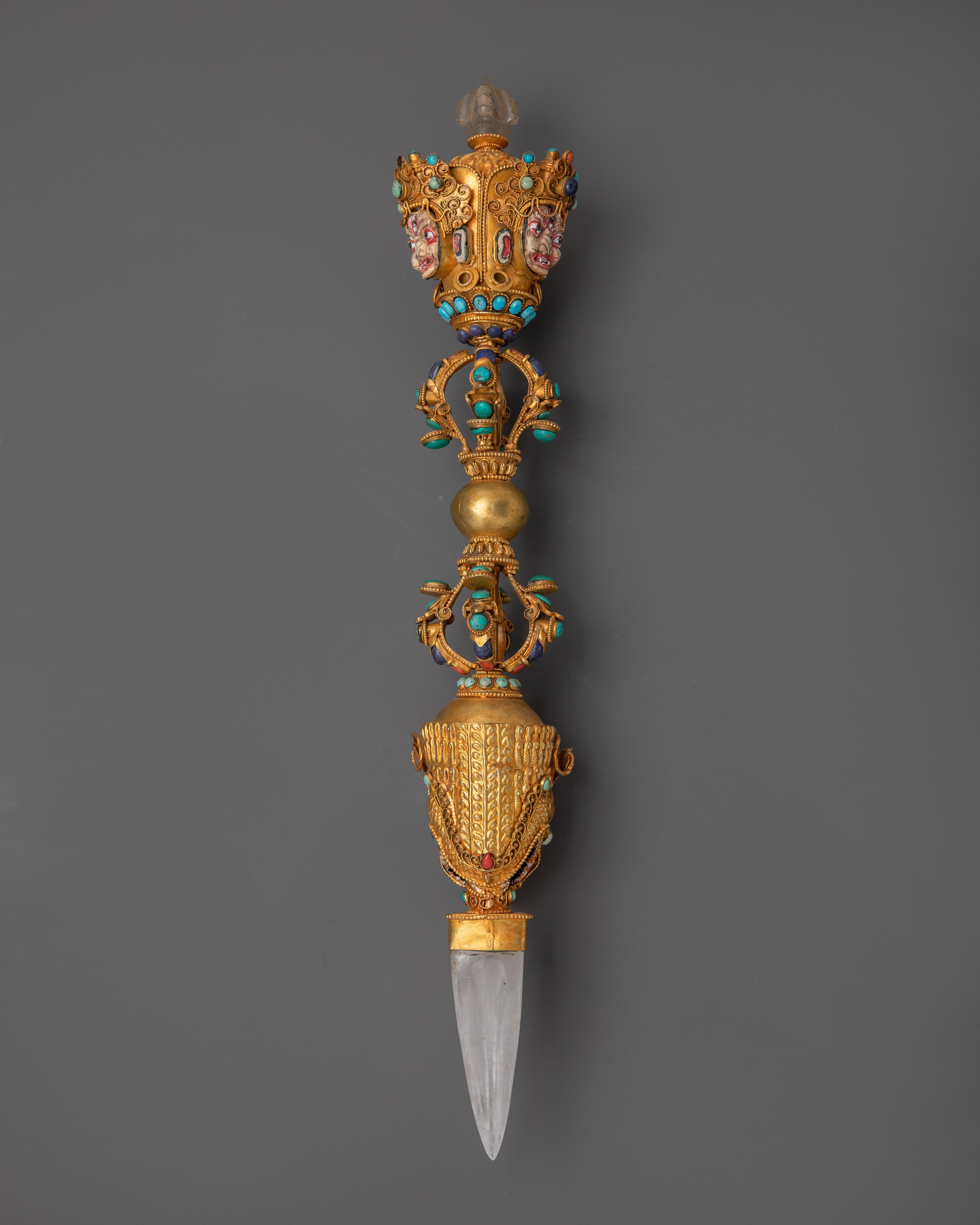 Buddhist Three Sided Phurba | Gold-Plated Ritual Dagger with Crystal and Turquoise