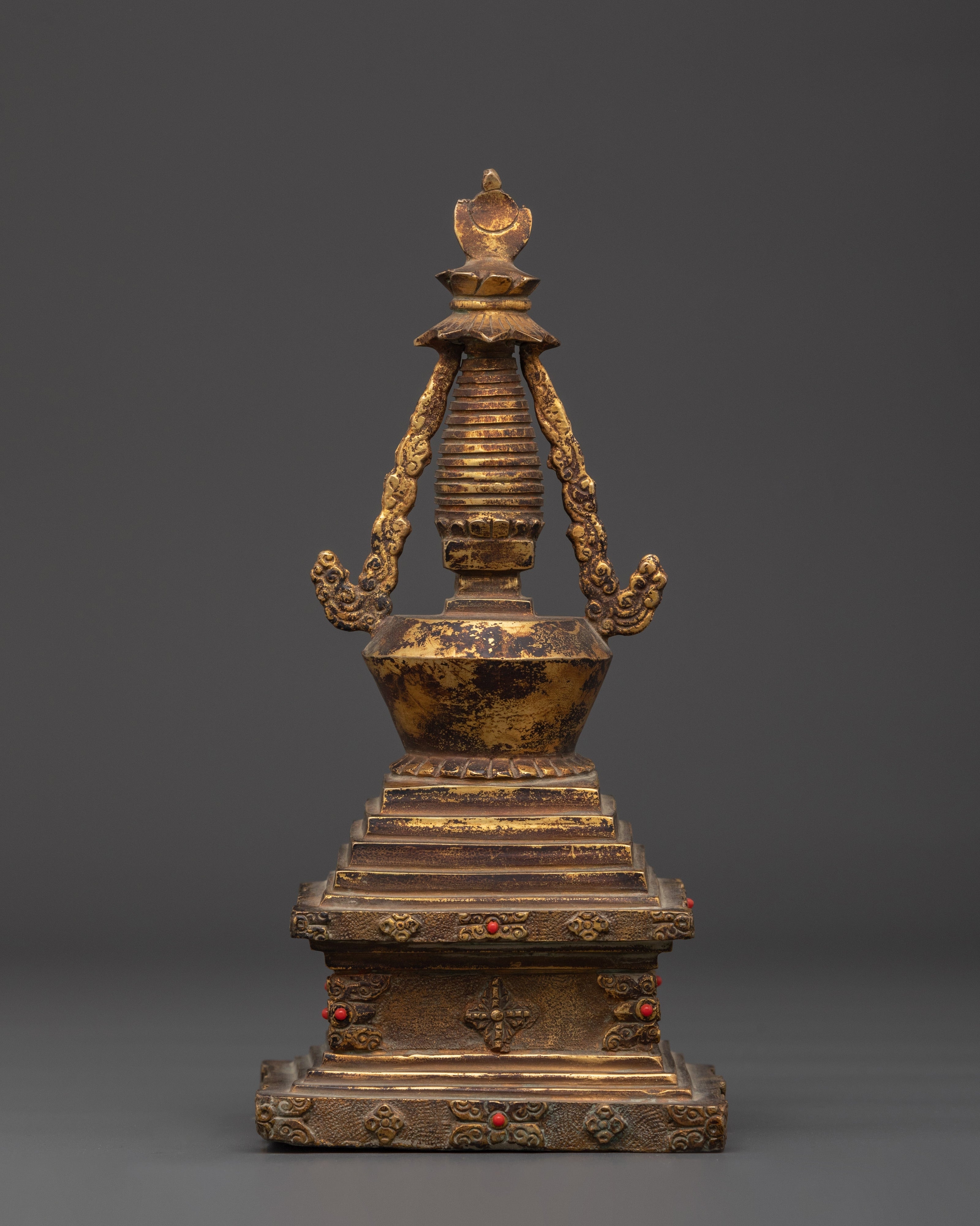 Gold Plated Himalayan Stupa |  Copper Body with Coral Stones