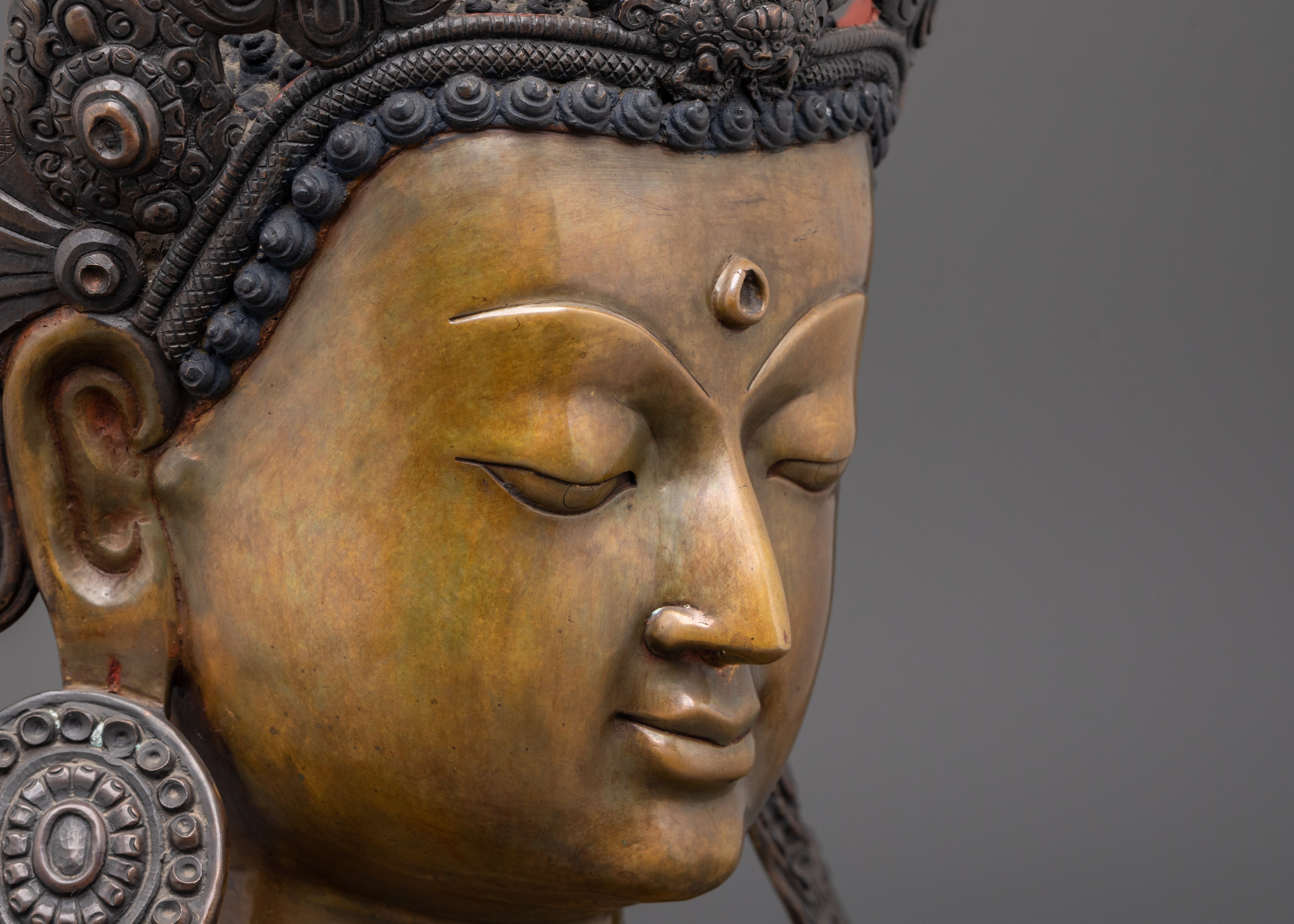 Tibetan Buddha Head Sculpture | Oxidized Copper Bust with Crown & Earrings