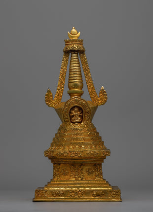 Exquisite Tibetan Stupa with Gold-Plated Buddha Figurine