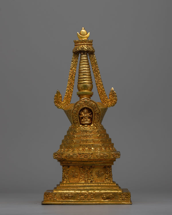 Exquisite Tibetan Stupa with Gold-Plated Buddha Figurine