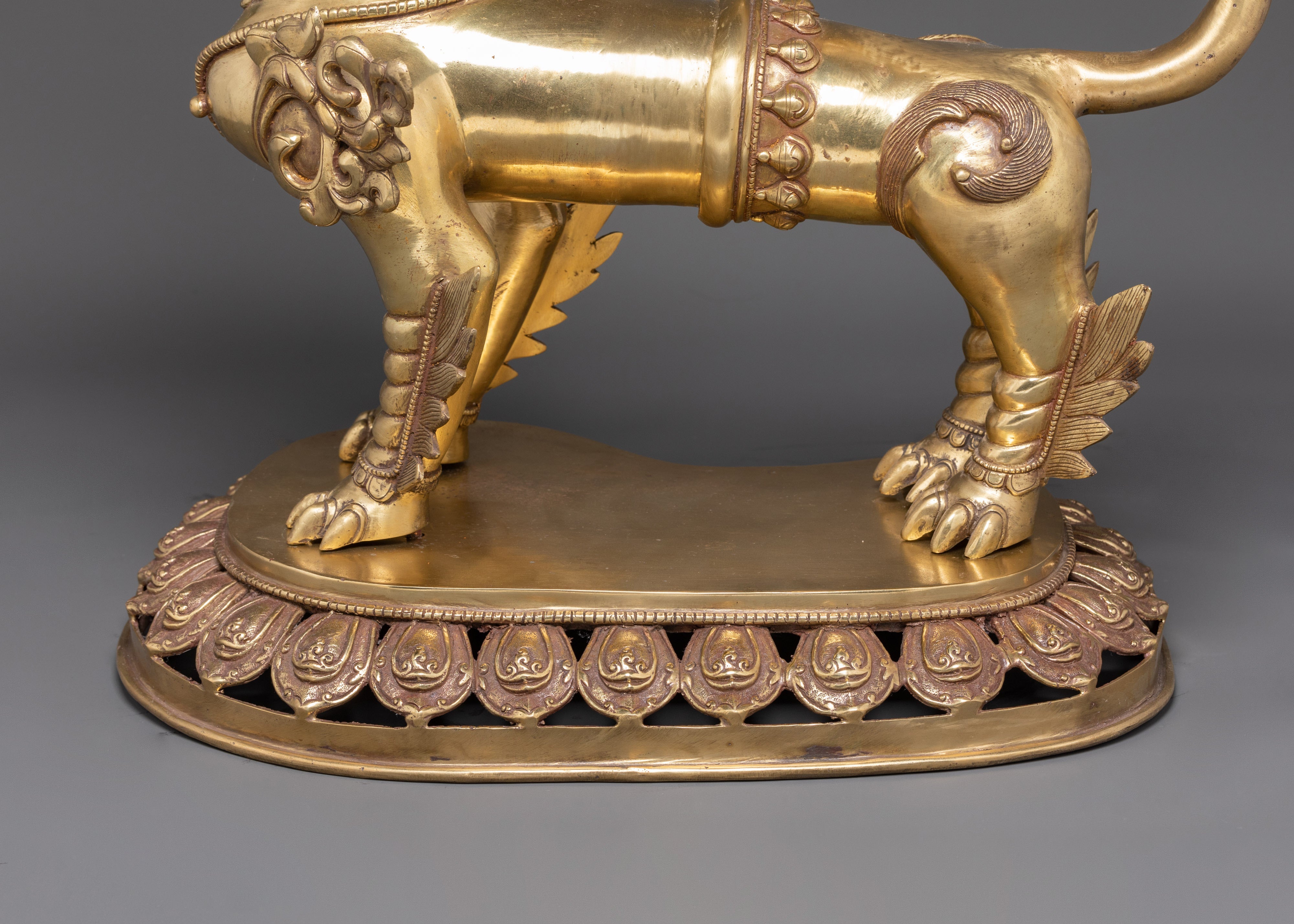 Sacred Tibetan Buddhist Guardian Lions Set | Brass Snow Lion Protector Statues
