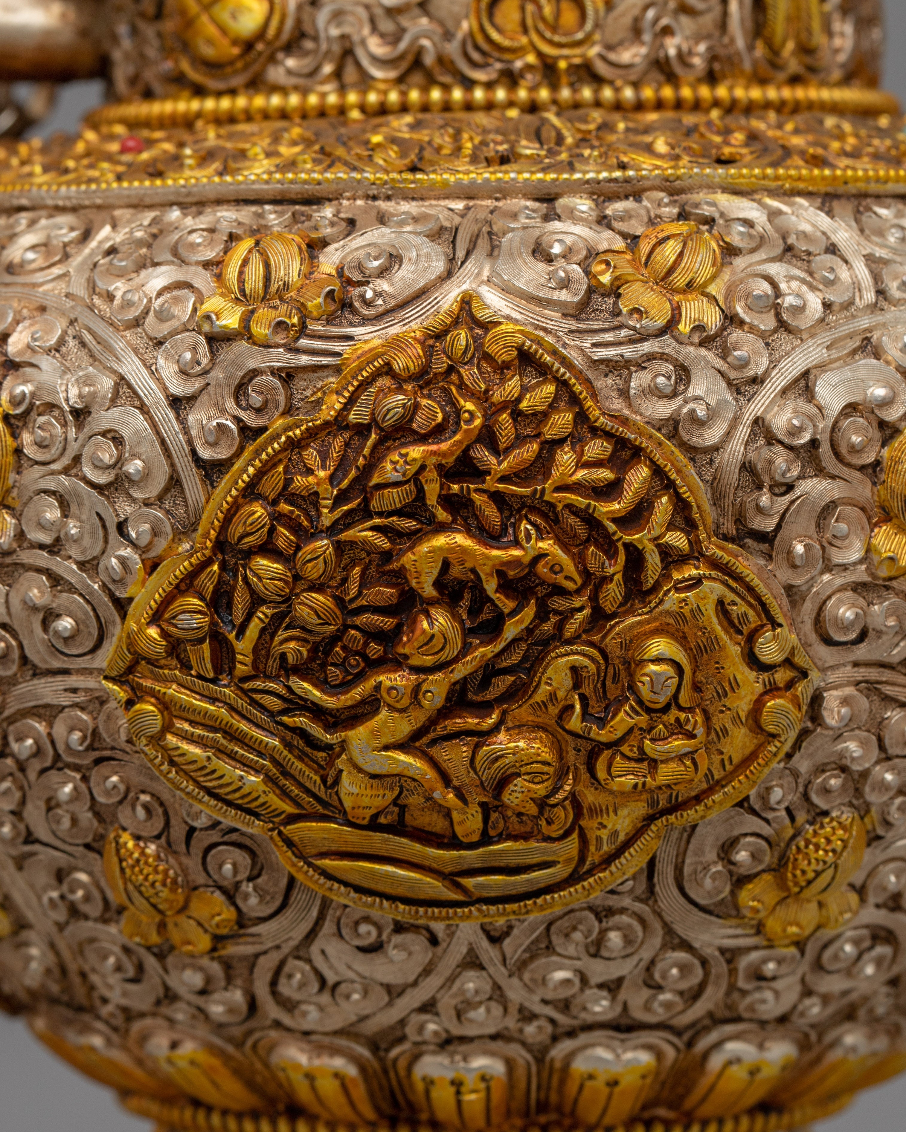 Handcrafted Tibetan Tea Pot with Gold & Silver Plating | Traditional Buddhist Decor