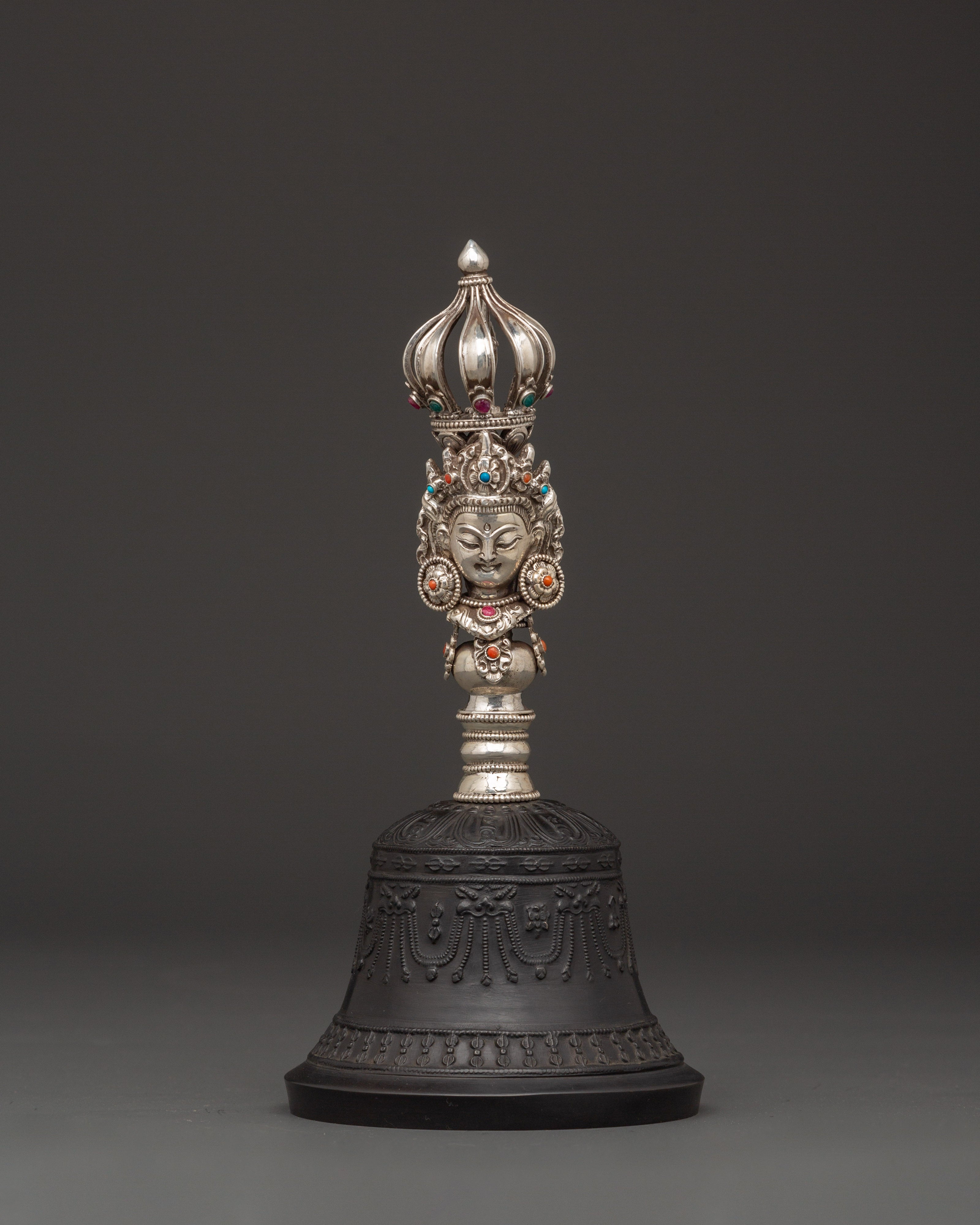 Wrathful Deity Engraved Bell and Vajra Set for Tibetan Rituals