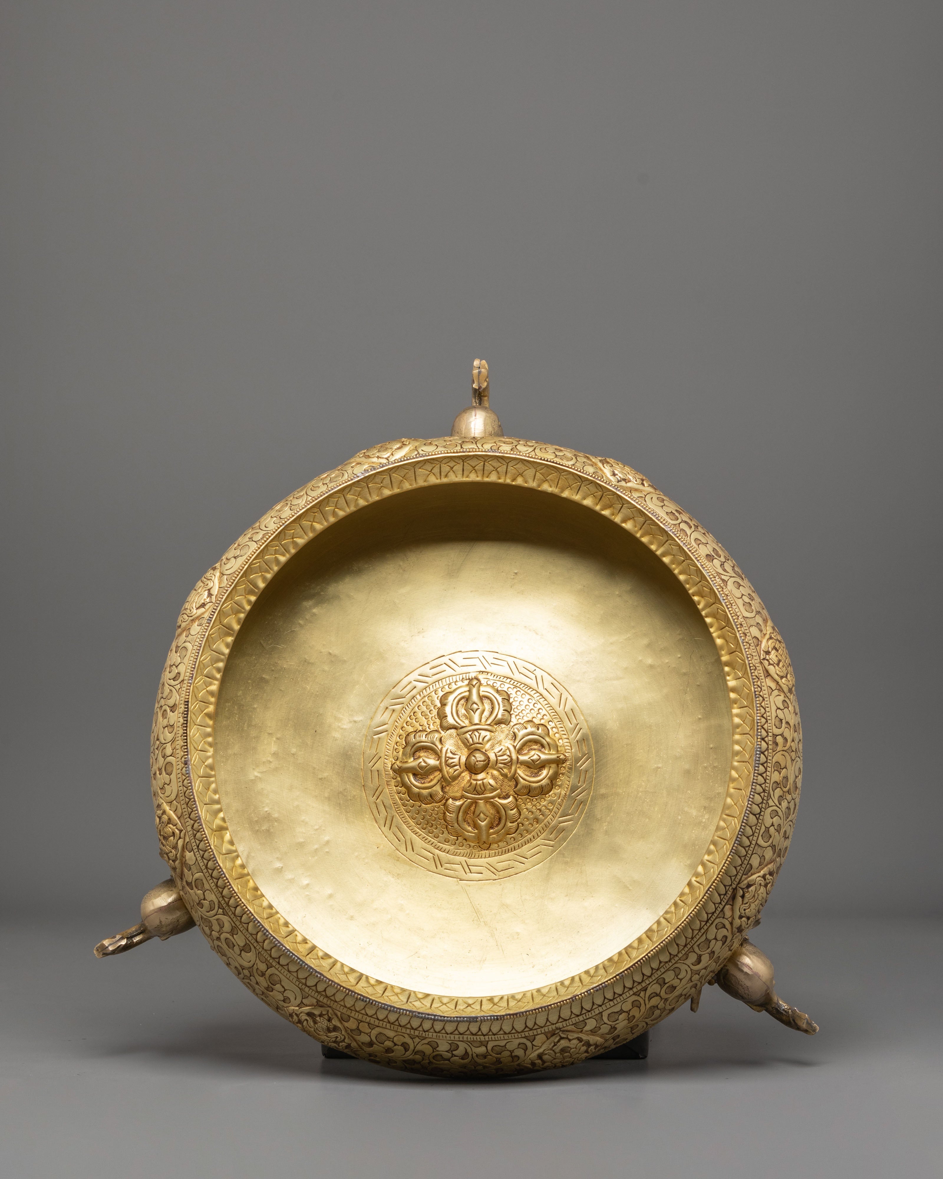 Decorative Offering Urli Bowl | Sacred Vishva Vajra Design with Elephant Trunk Stand