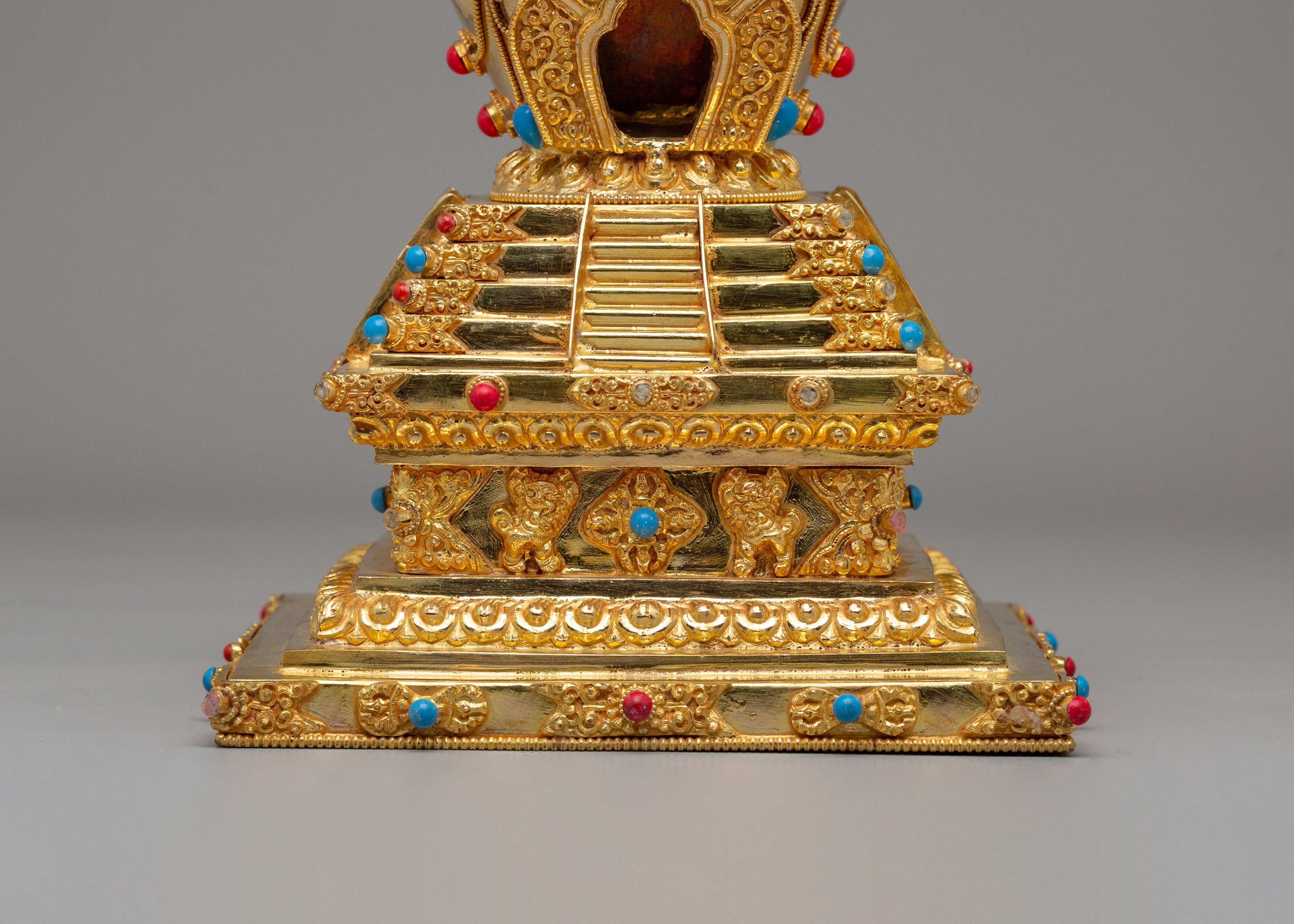 Traditional Descent From Heaven Stupa | 22K Gold Copper Tibetan Stupa