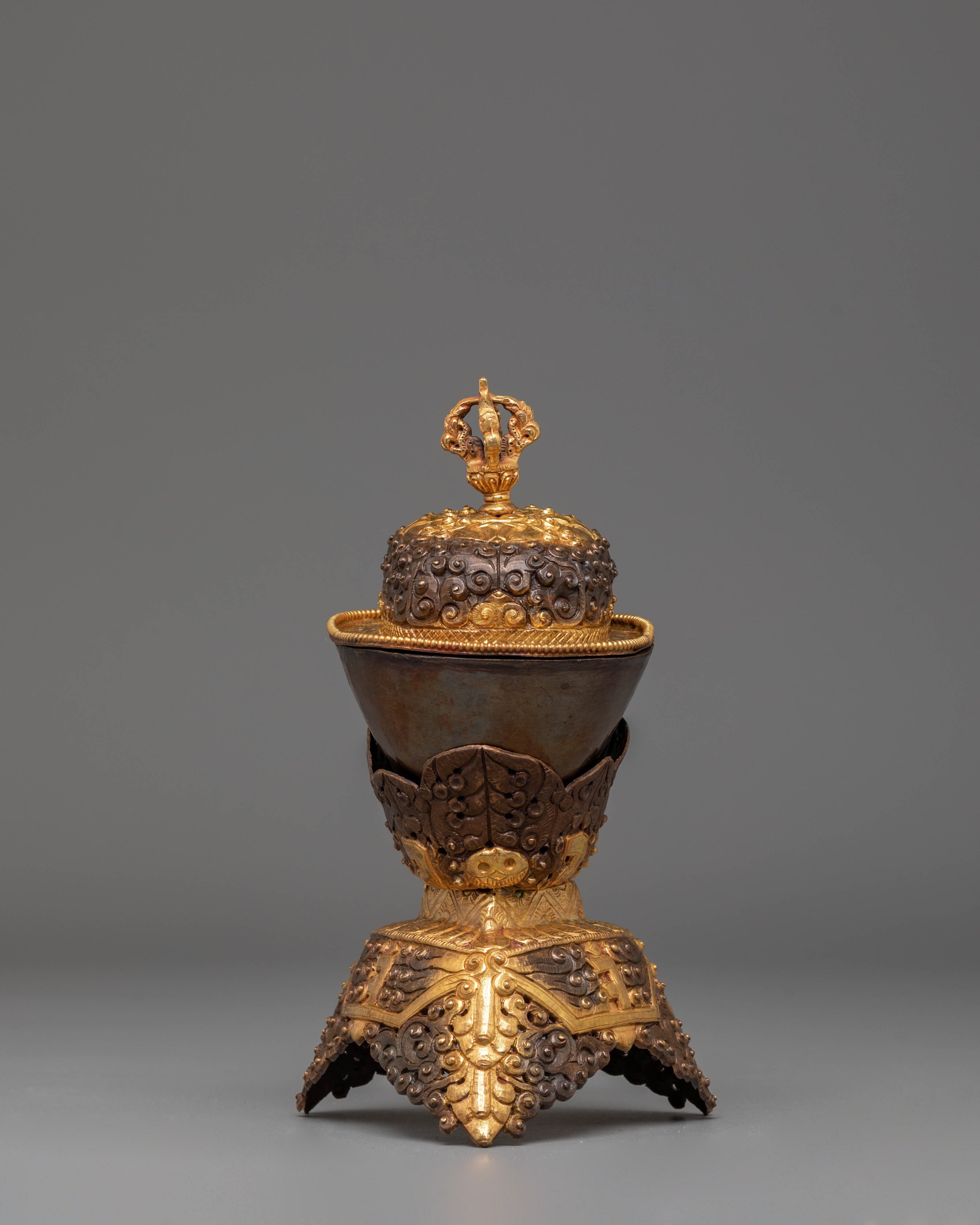 Handmade Kapala Sacred Ritual Set | Gold Plated Tibetan Offering Set