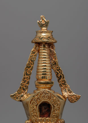 Discover a handcrafted Buddhist Stupa with gold-plated copper and bronze | Tibetan Shrine Artifact for Spiritual Rituals