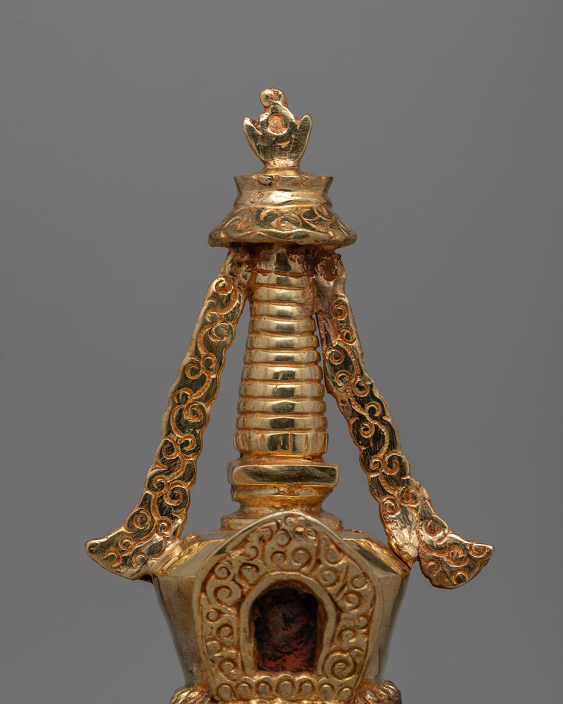 Discover a handcrafted Buddhist Stupa with gold-plated copper and bronze | Tibetan Shrine Artifact for Spiritual Rituals