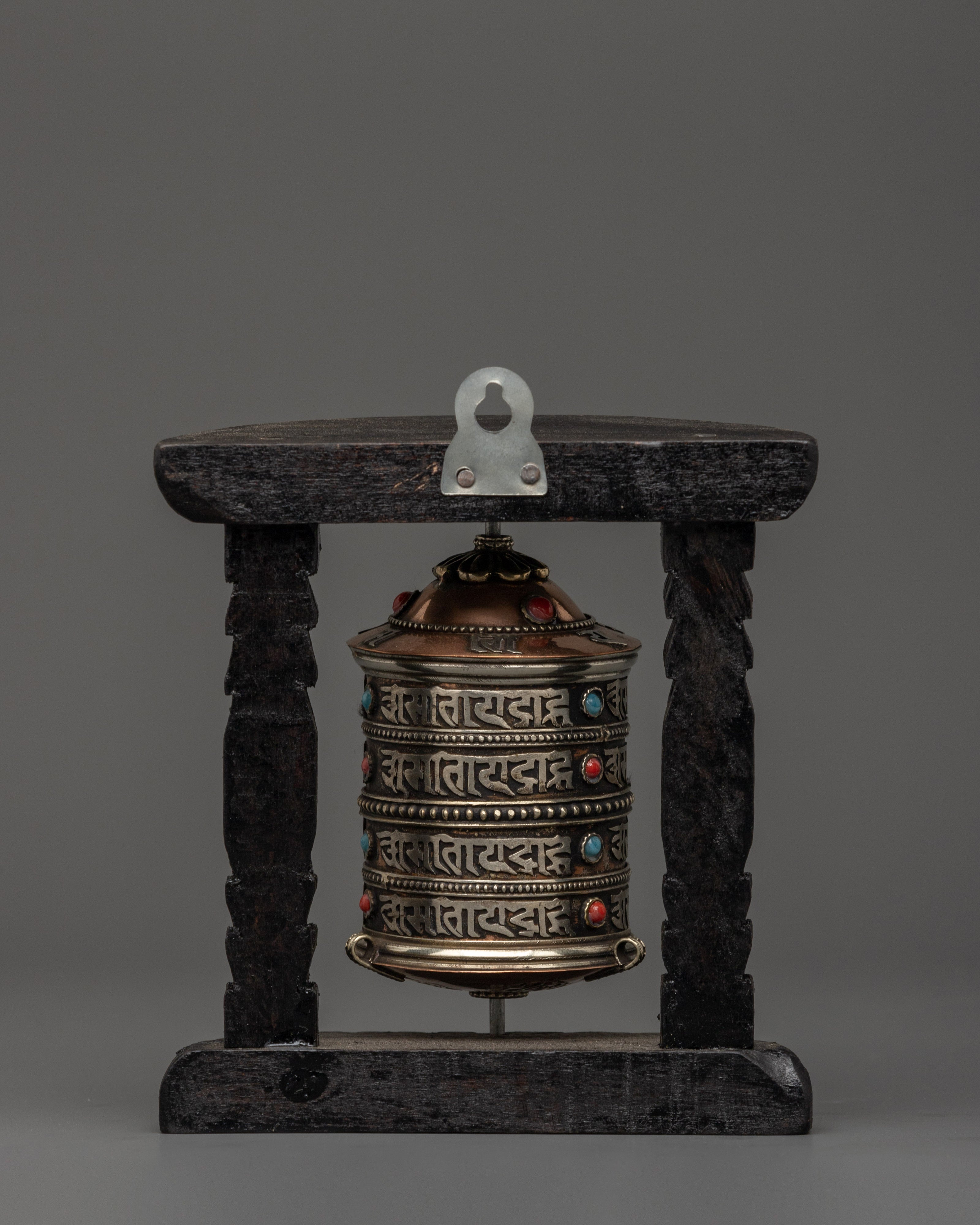 Prayer Wheel With Wooden Frame | Spiritual Tool with Sacred Mantras